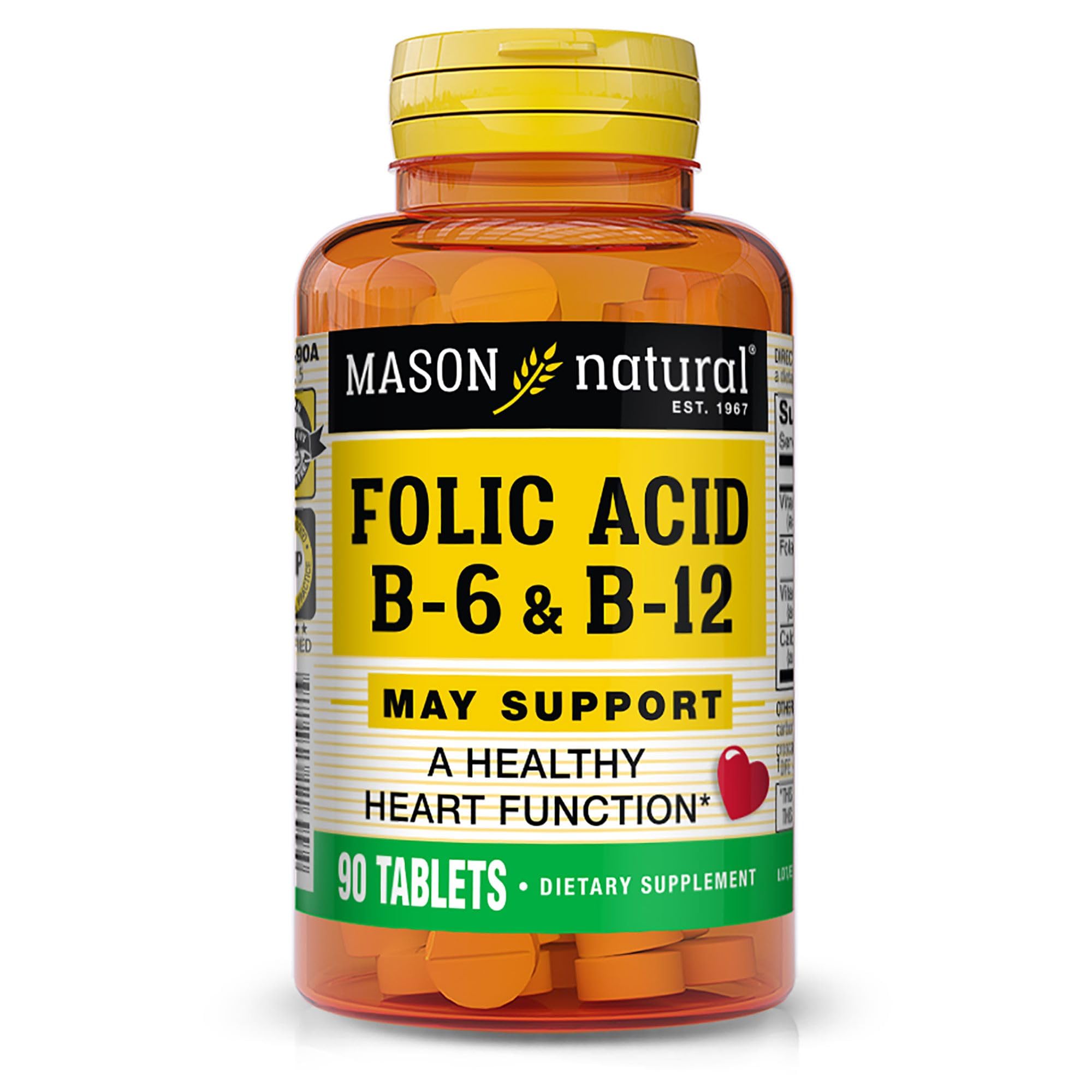 Mason Natural acide folique B6 B12 – bouteille 90 jours et comprimés faciles à avaler.
