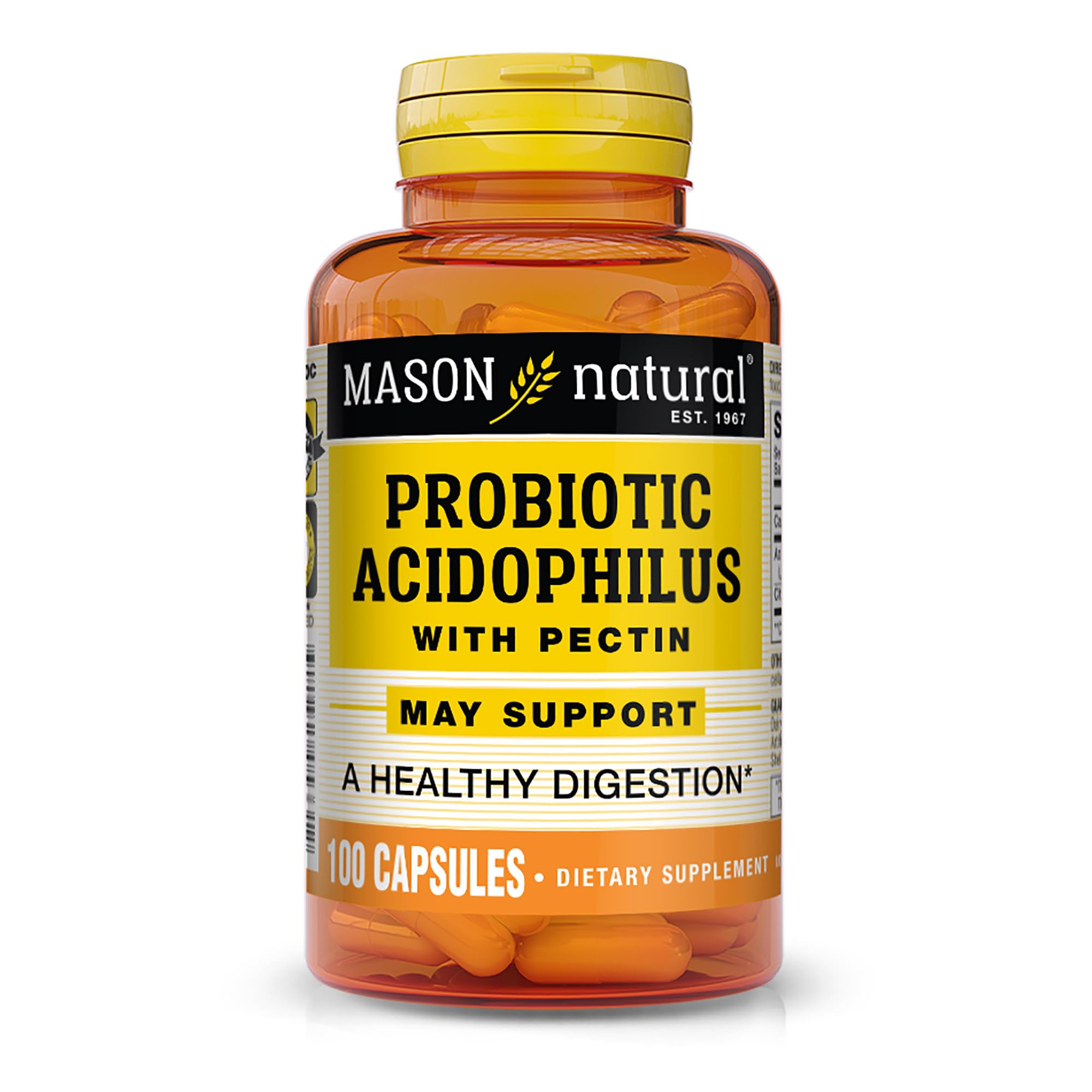Gélules Mason Natural Acidophilus dans une bouteille, soutien digestif potentiel.