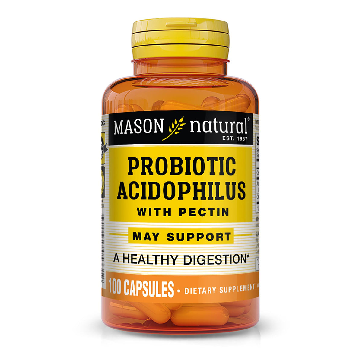 Gélules Mason Natural Acidophilus dans une bouteille, soutien digestif potentiel.