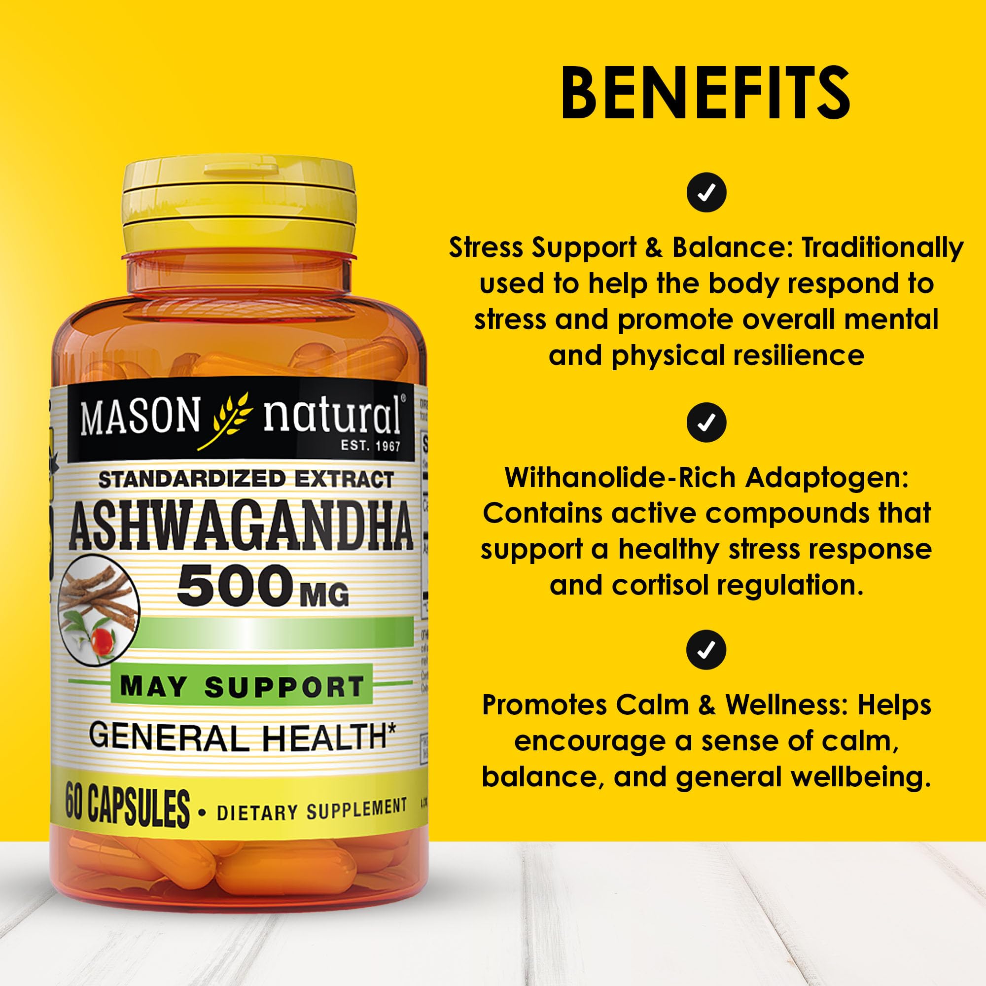 Ashwagandha Mason Natural — Gélules visibles, énergie potentielle tout au long de la journée.