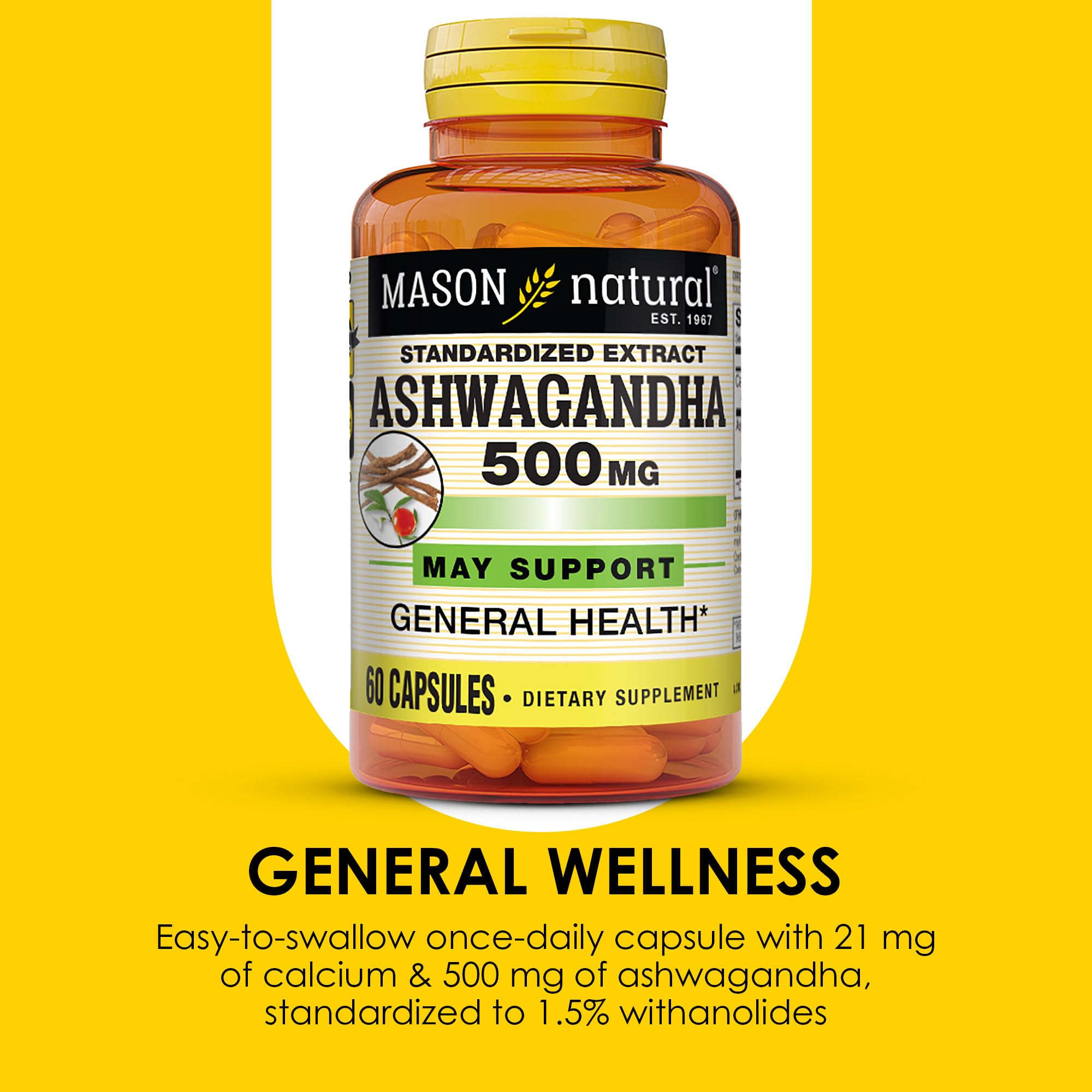 Ashwagandha Mason Natural — Tableau des ingrédients et composition naturelle.