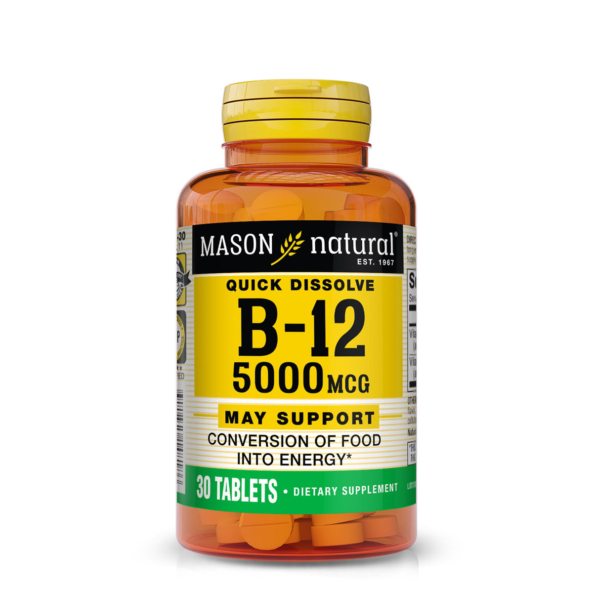 Mason Natural B12 5000 mcg, dissolution buccale, parfum framboise, pour énergie