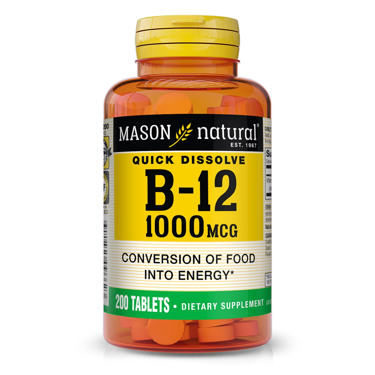 Mason Natural B12 1000 mcg : bouteille montrant des comprimés à dissolution rapide.