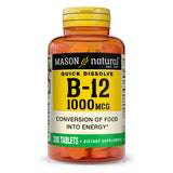 Mason Natural B12 1000 mcg : bouteille montrant des comprimés à dissolution rapide.