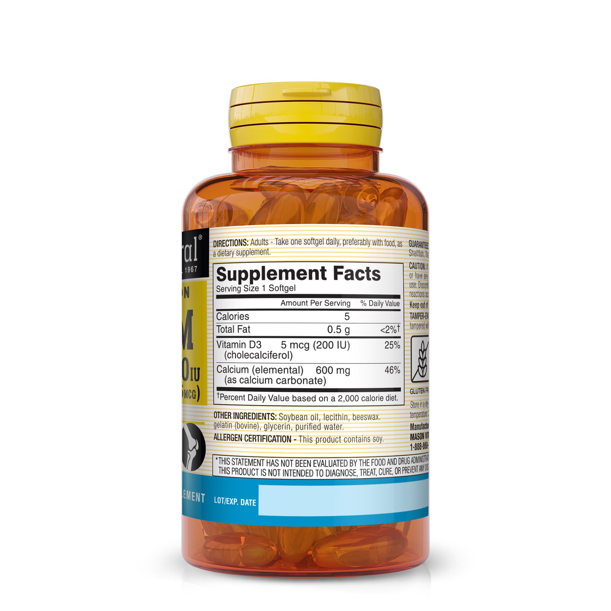 Mason Natural – bouteille visible avec calcium D3 et absorption améliorée.