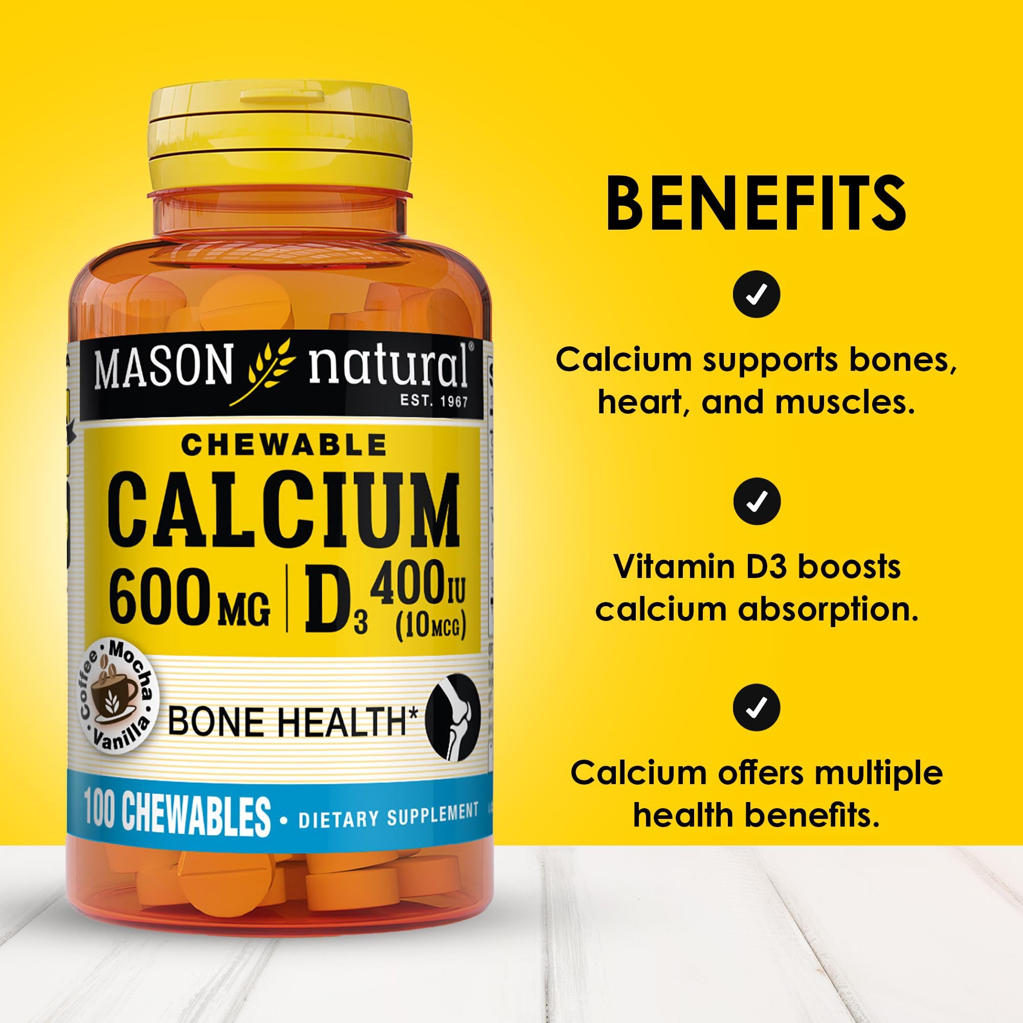 Boîte Mason Natural Calcium D3, 100 gommes prêtes à l’emploi.