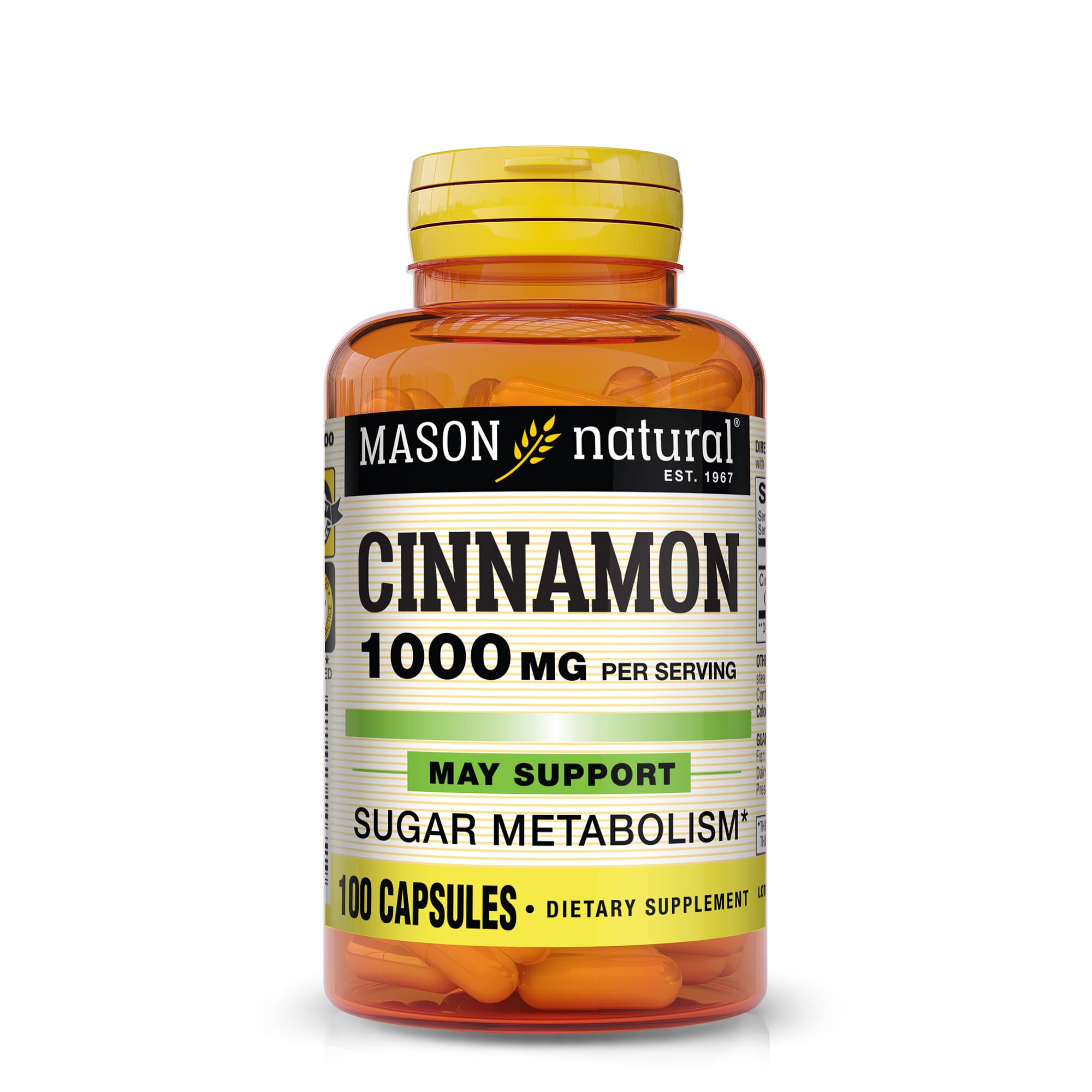 Capsules Mason Natural Cannelle 1000 mg - bouteille, soutien potentiel de la circulation et du bien-être général.