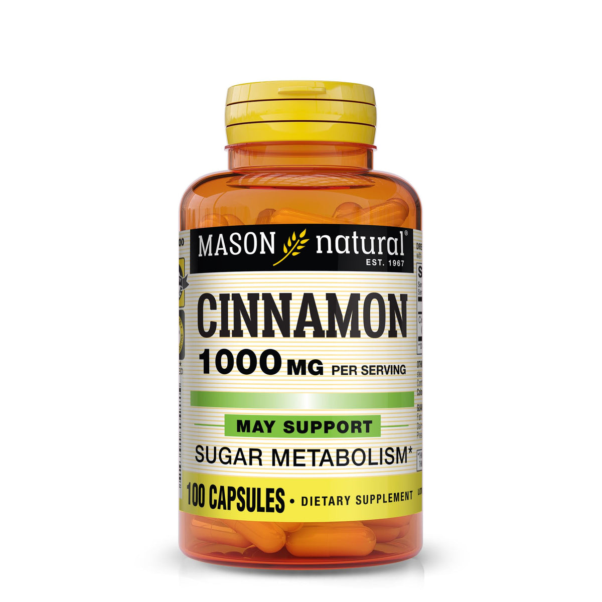 Capsules Mason Natural Cannelle 1000 mg - bouteille, soutien potentiel de la circulation et du bien-être général.