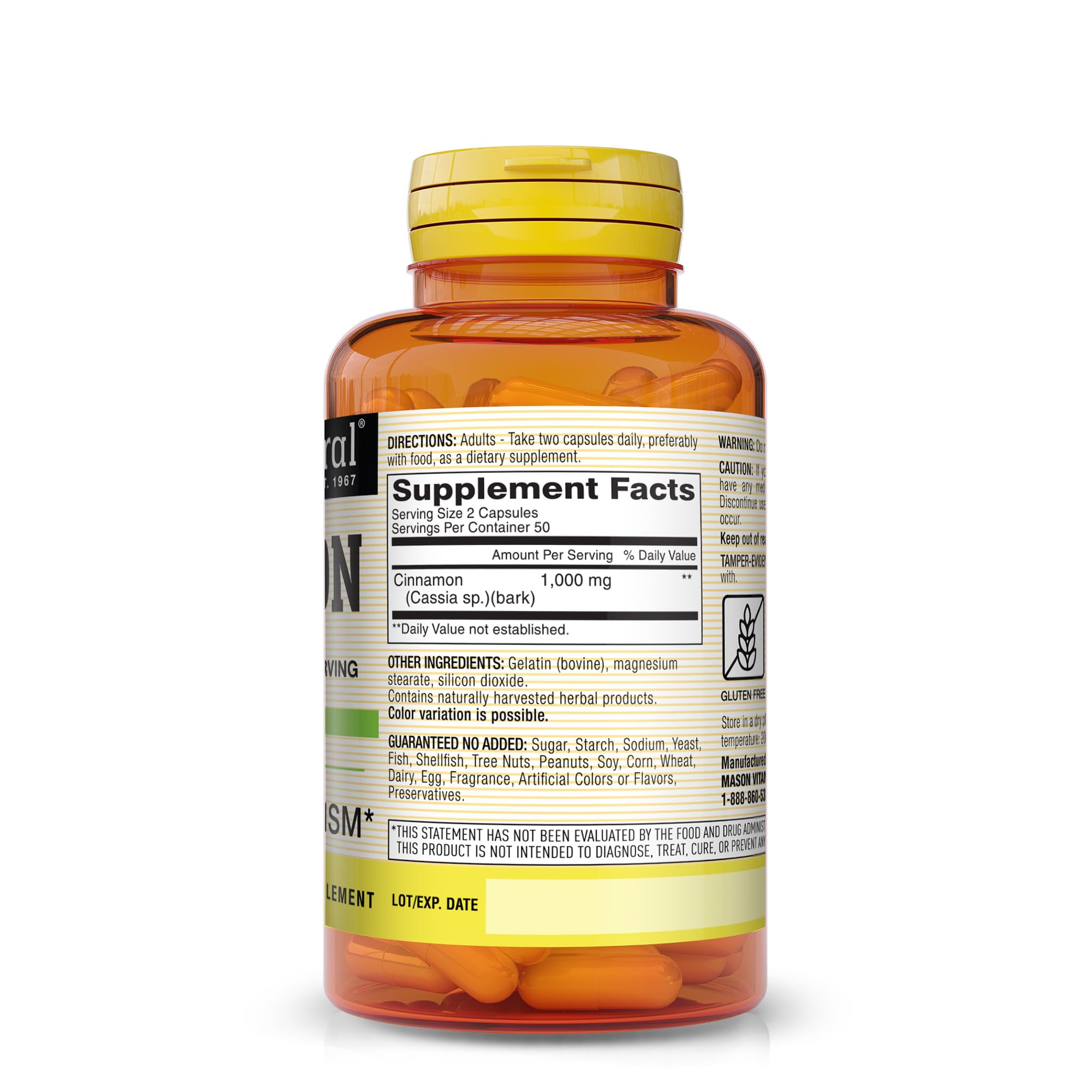 Mason Natural Cannelle 1000 mg - capsules pratiques pour usage quotidien.