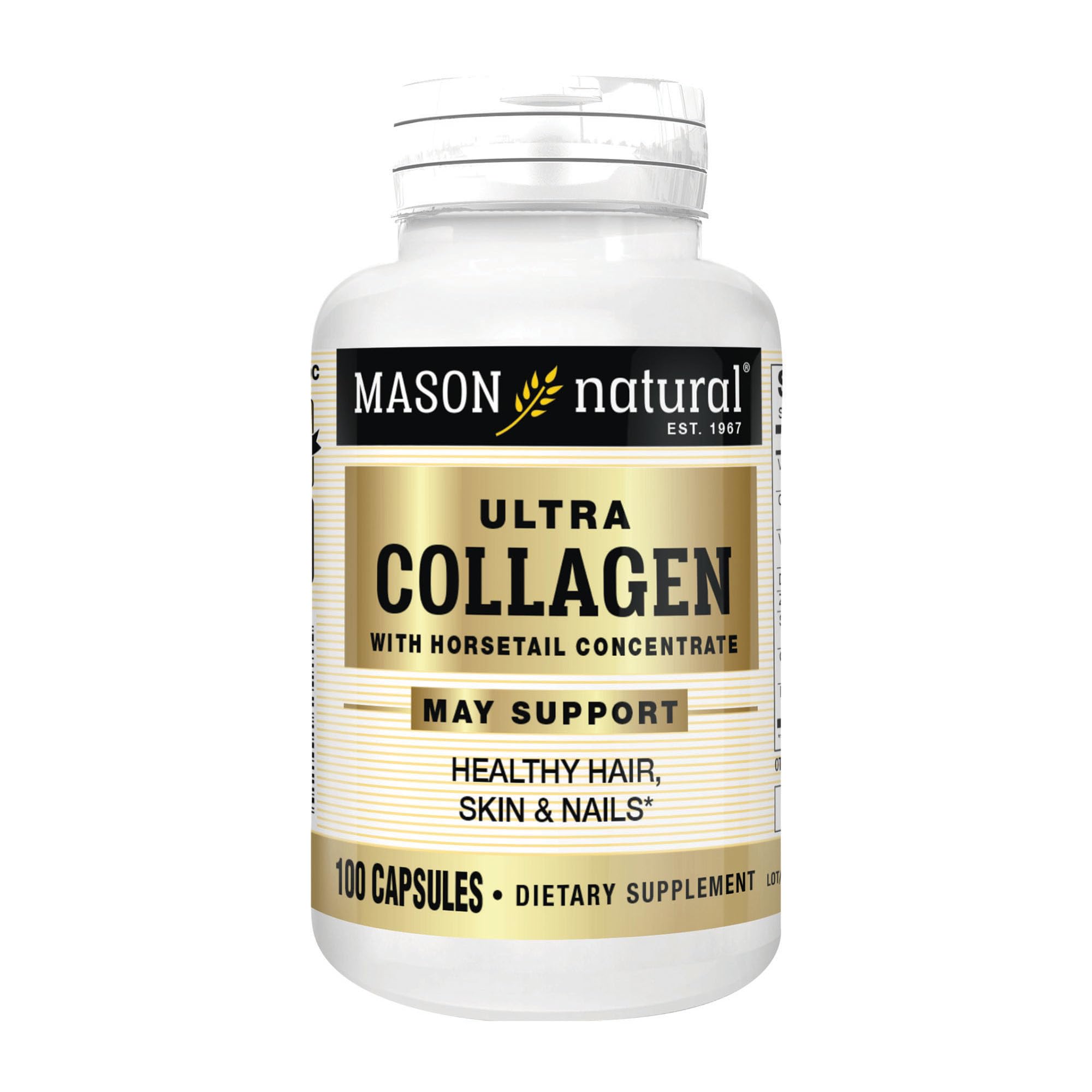 Mason Natural Ultra Collagene en bouteille, soutient l'élasticité et l'hydratation de la peau.