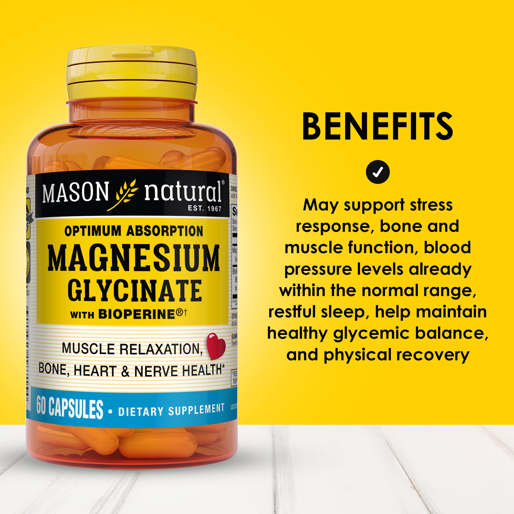 Mason Natural capsules magnésium glycinate prêtes à être utilisées au quotidien.