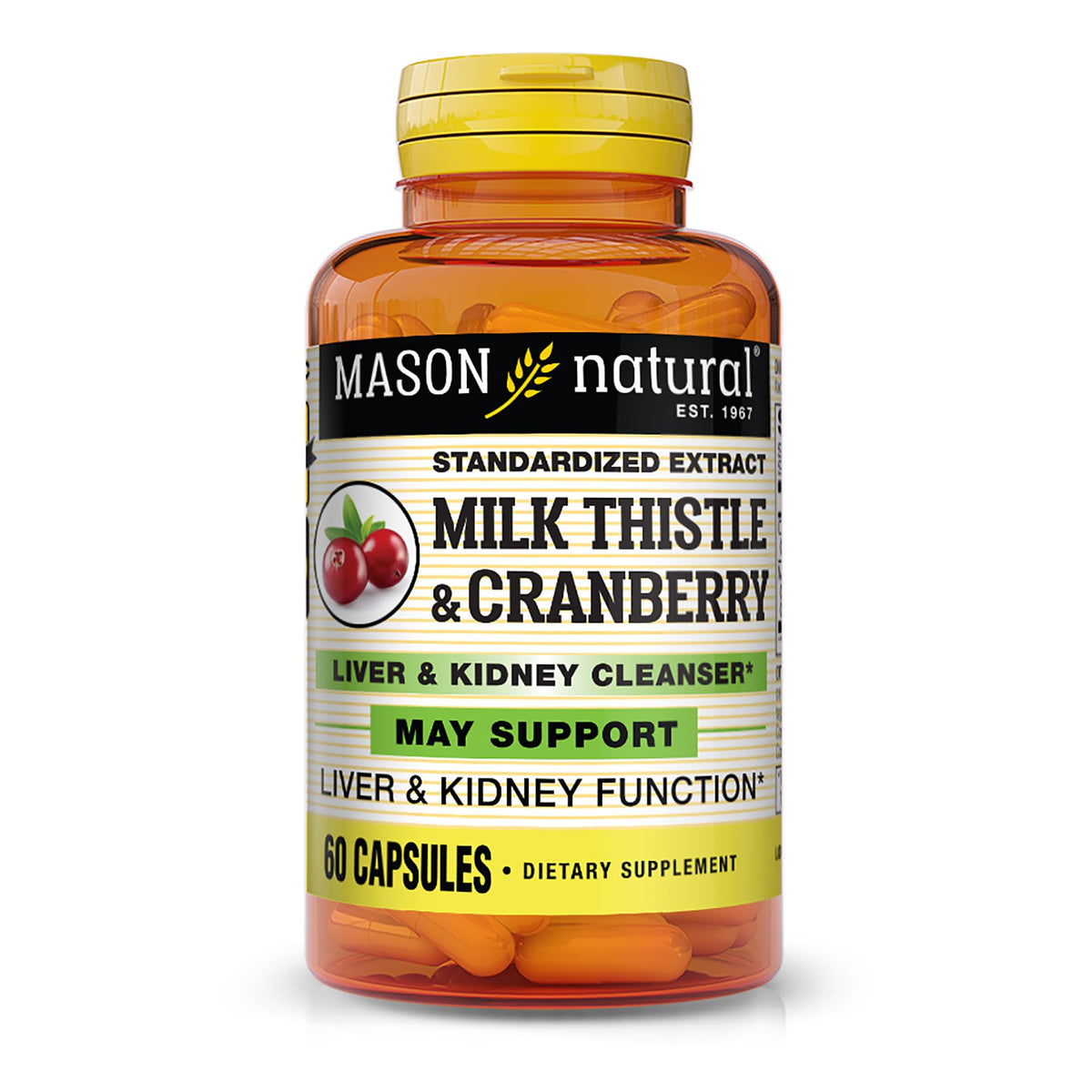 Mason Natural chardon-marie et canneberge en bouteille, soutien potentiel des fonctions hépatiques.