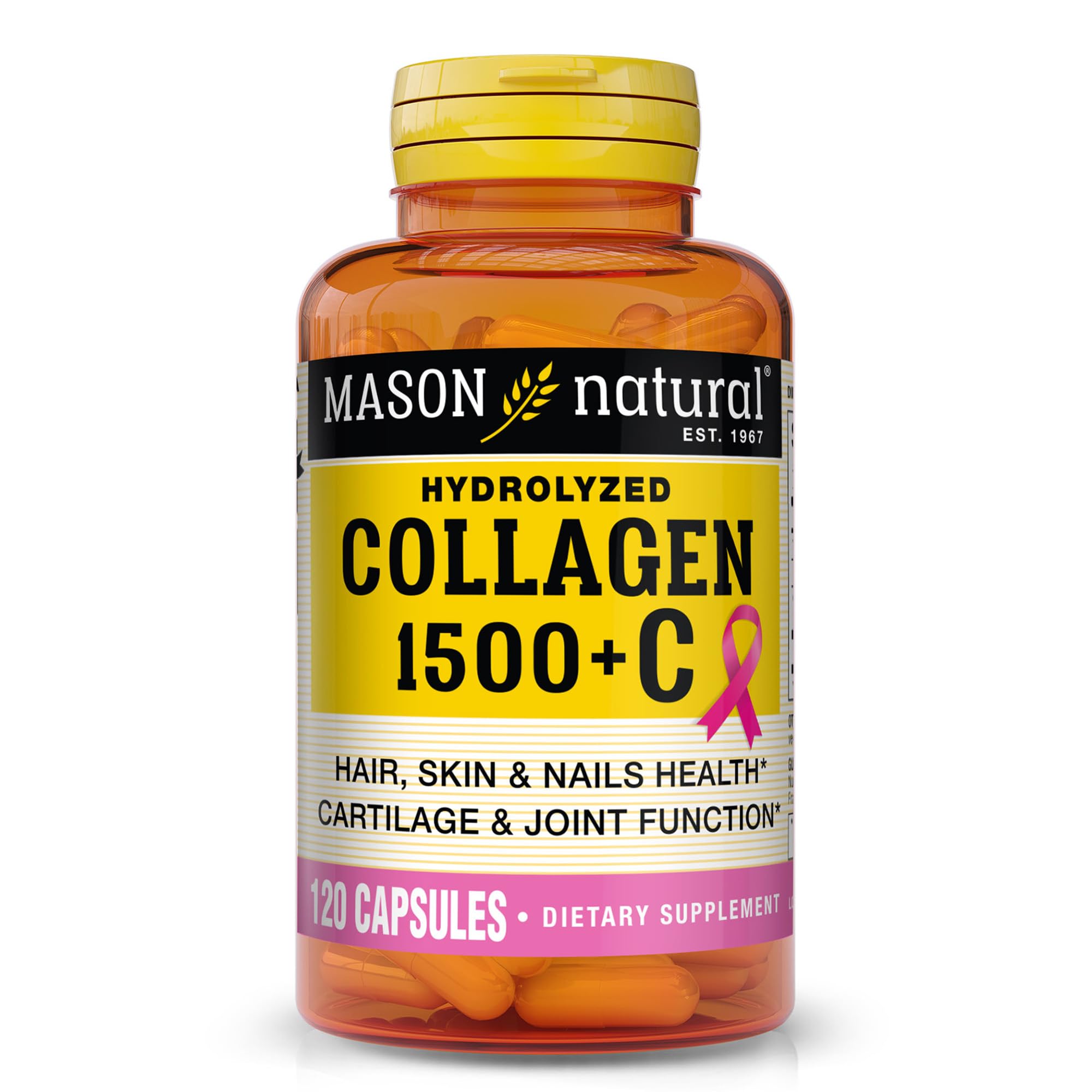 Bouteille Mason Natural collagène 1500 mg, soutien potentiel pour cheveux et peau.