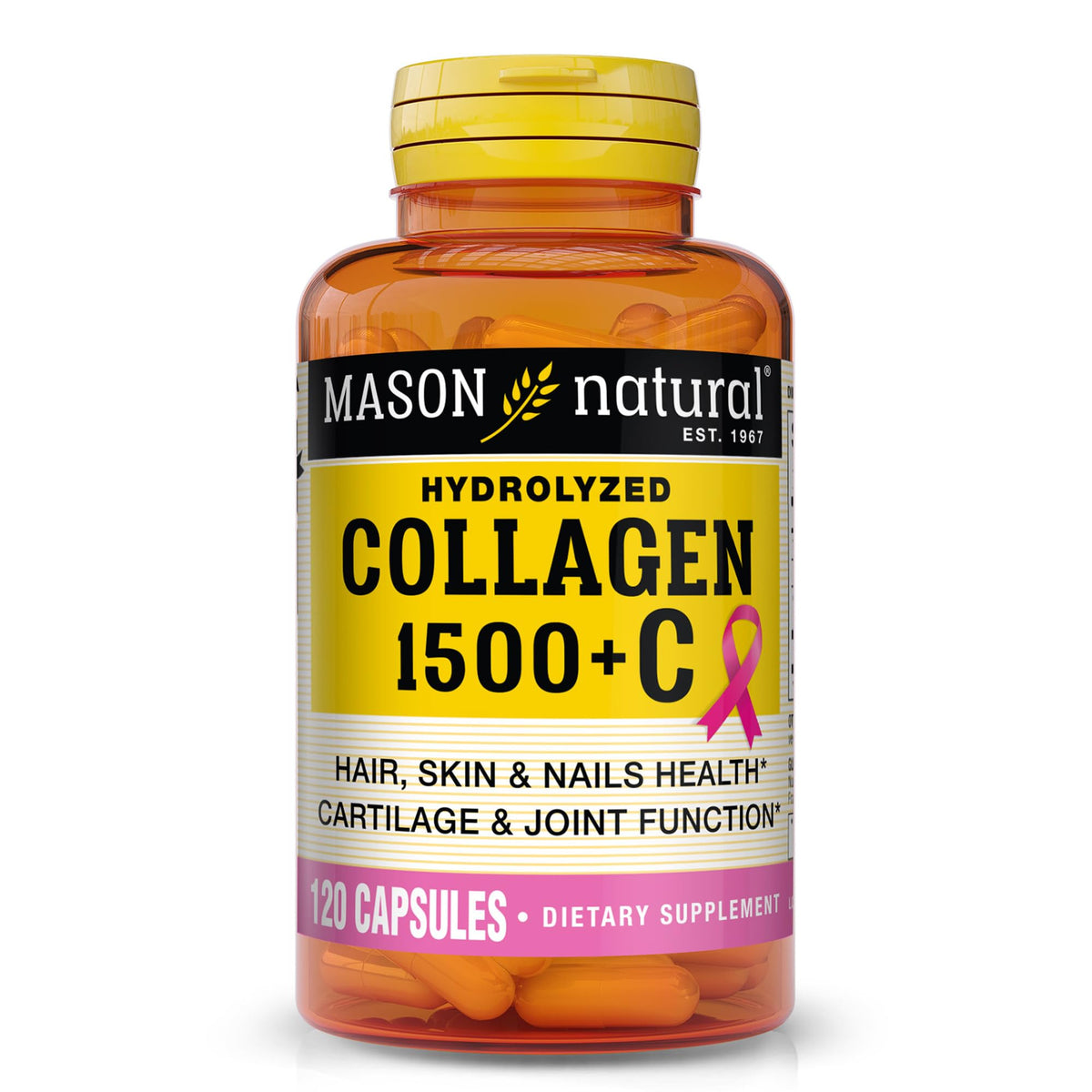 Bouteille Mason Natural collagène 1500 mg, soutien potentiel pour cheveux et peau.