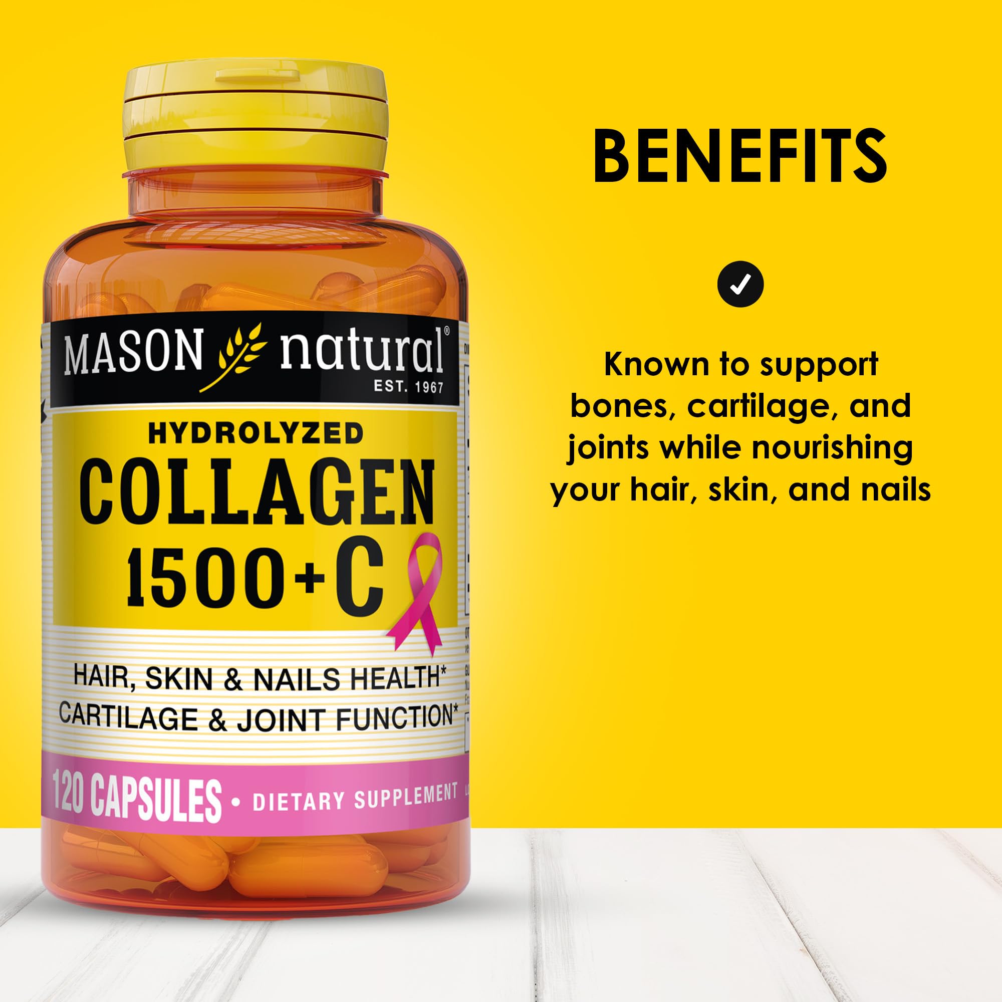 Capsules Mason Natural collagène, pouvant favoriser cheveux, peau et ongles.