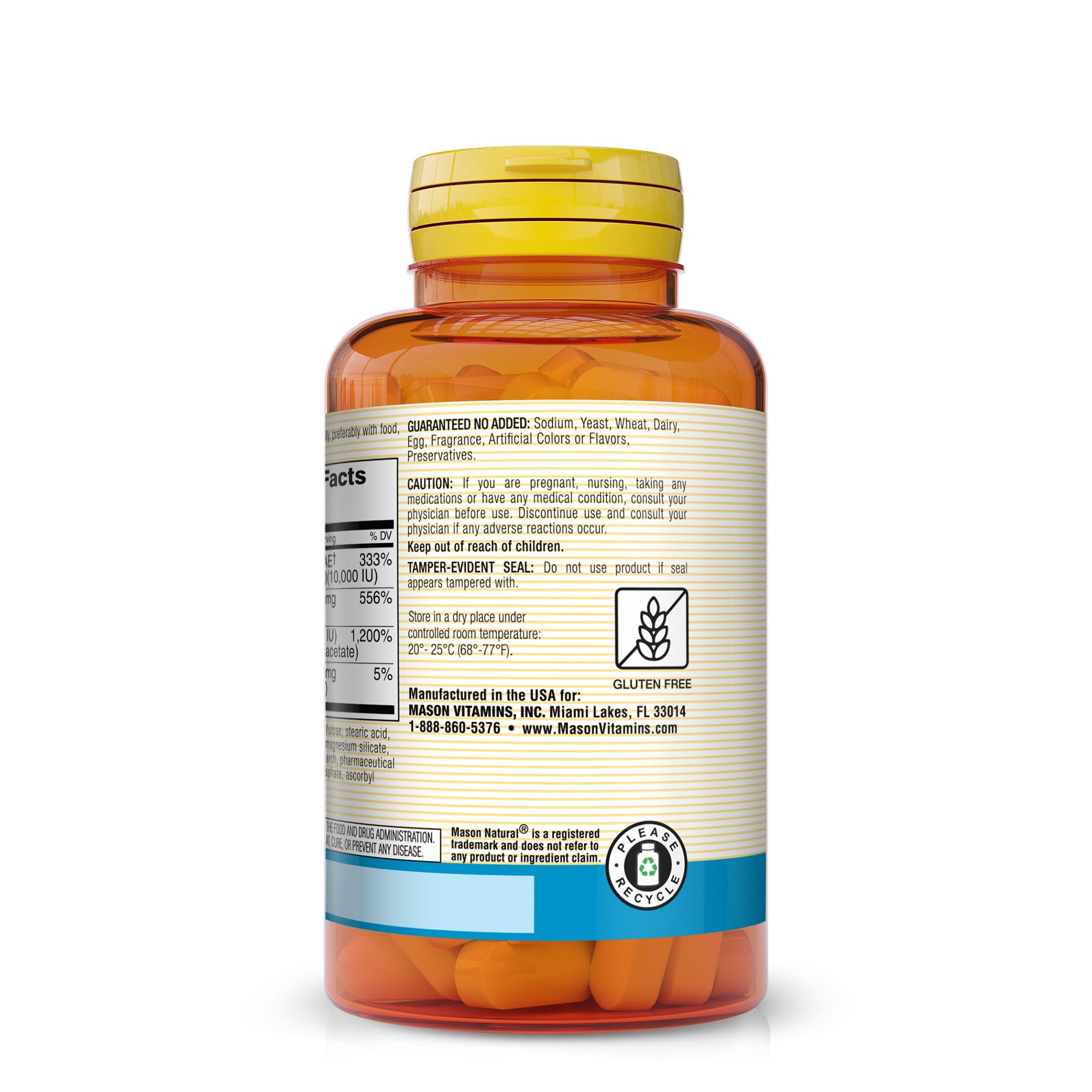 Gélules Mason Natural affichant vitamine E, C et bêta-carotène pour une protection quotidienne potentielle.