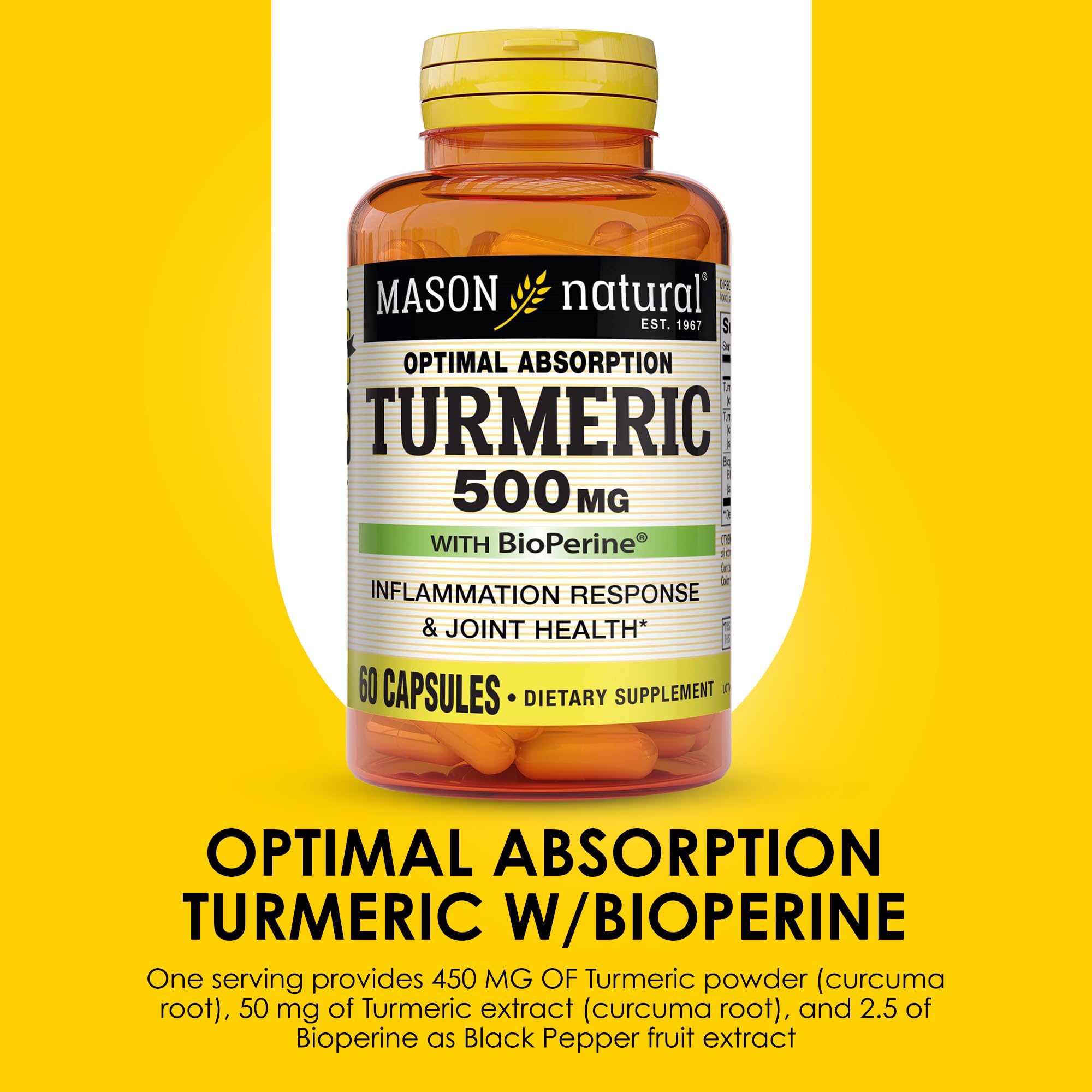 Mason Natural Curcuma: capsules sur fond blanc illustrant une utilisation simple et pratique.