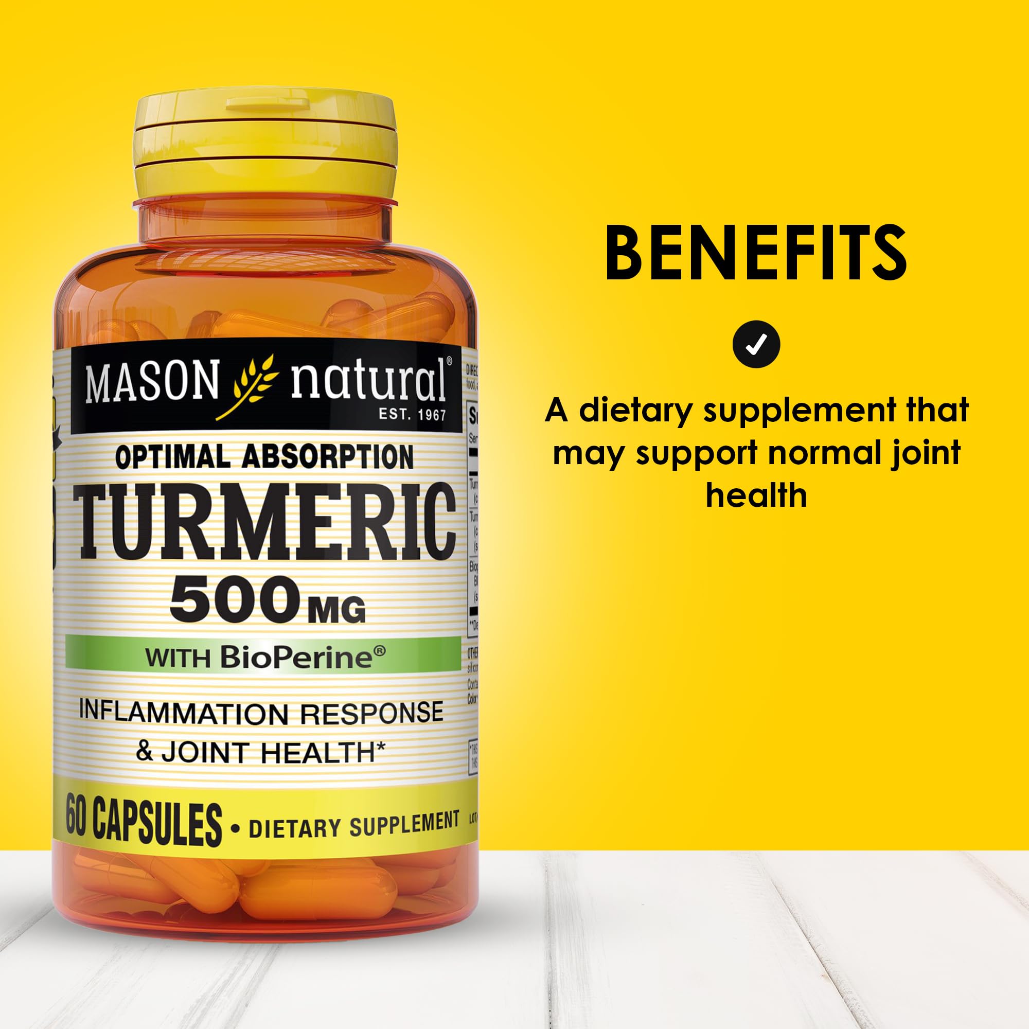 Mason Natural Curcuma: capsule en gros plan pour l’apport quotidien et la mobilité.