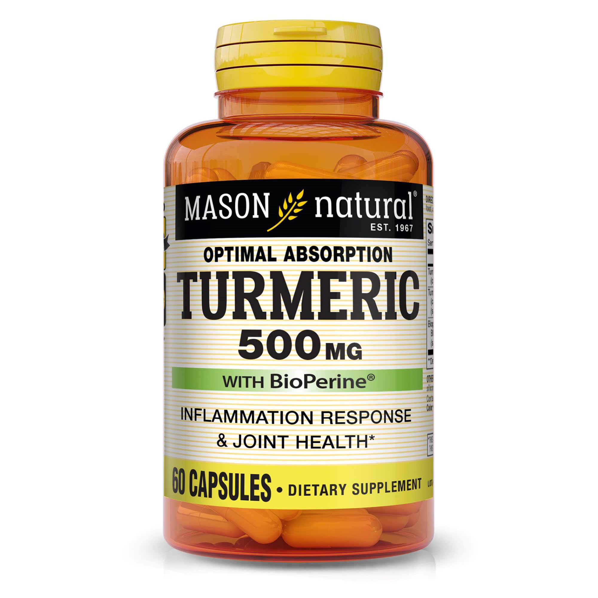 Mason Natural Curcuma: bouteille montrant la formule d’absorption optimale pour le soutien quotidien des articulations.