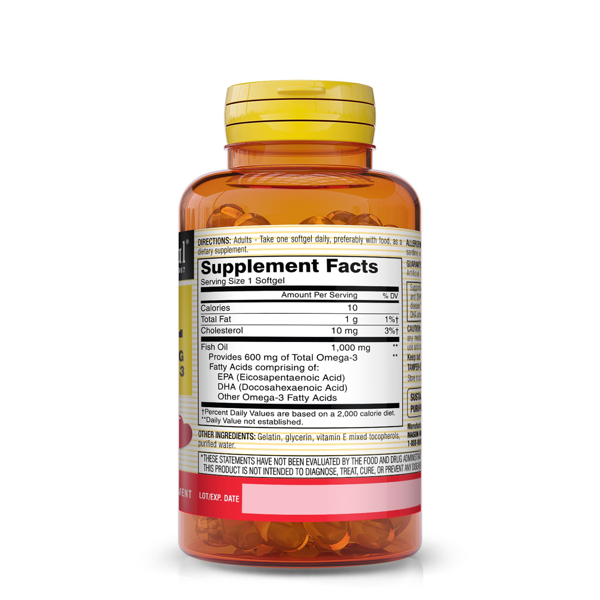 Mason Natural EPA/DHA 180 mg/120 mg par portion, oméga-3 équilibrés.