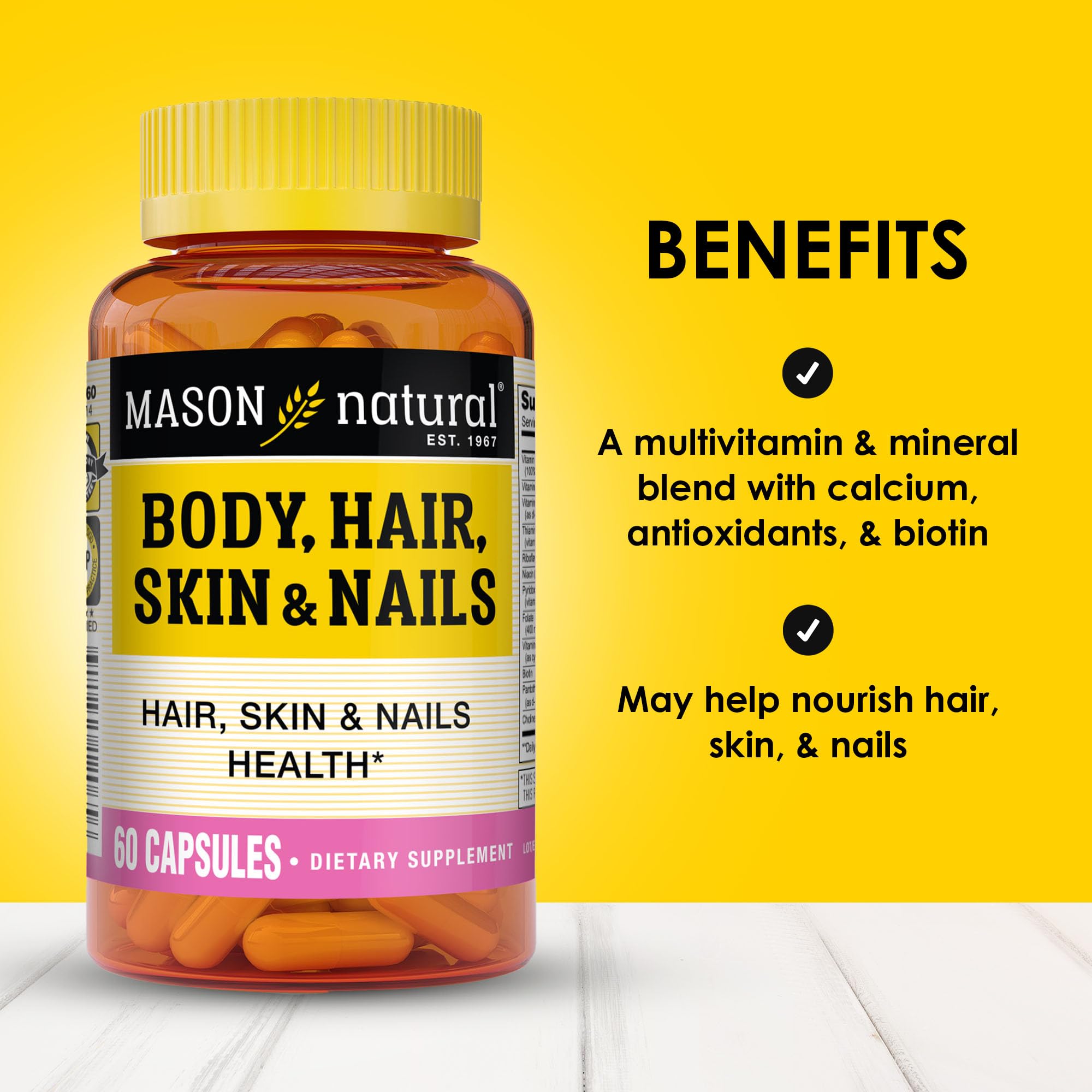Mason Natural – étiquette Biotine et vitamines pour cheveux et ongles.