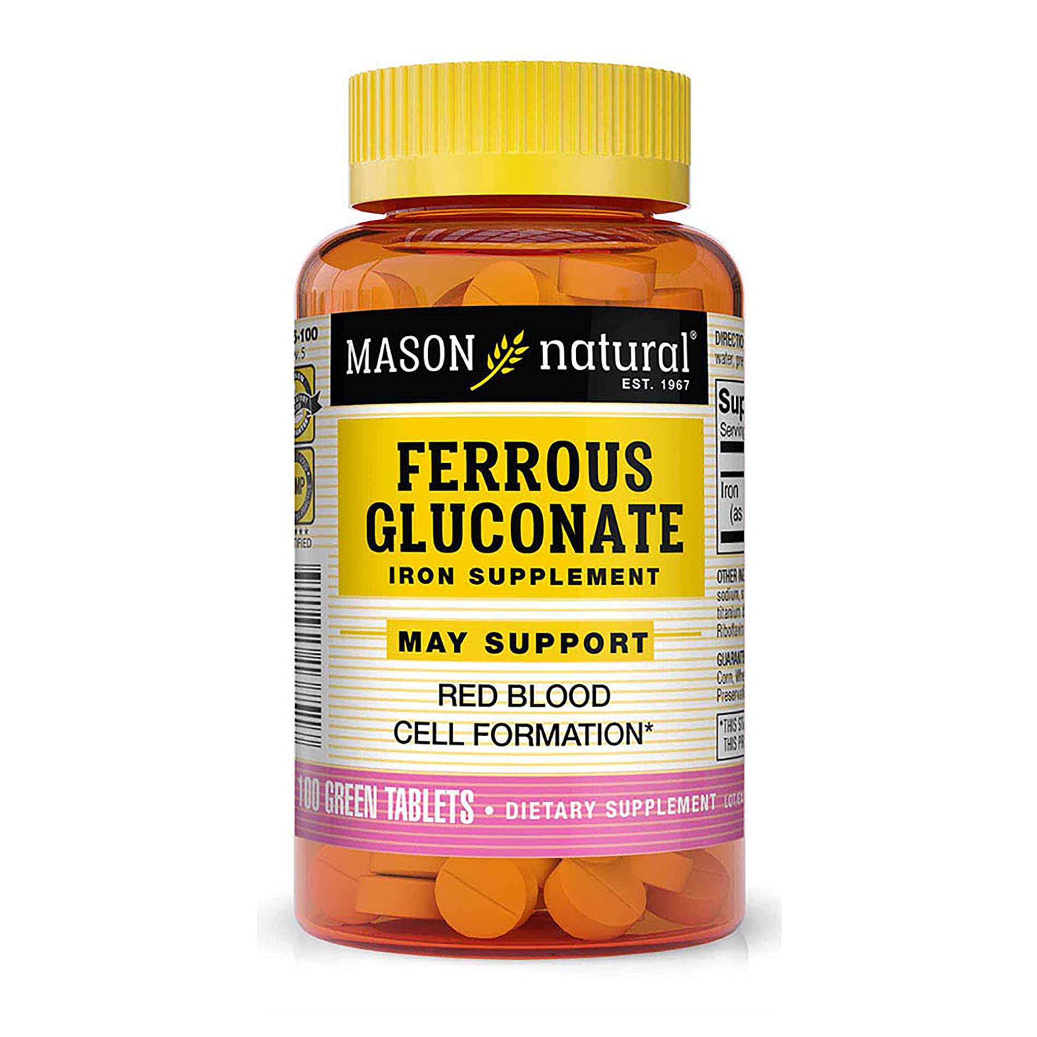 Mason Natural Ferreux Gluconate – bouteille et comprimés faciles à avaler pour soutien quotidien.