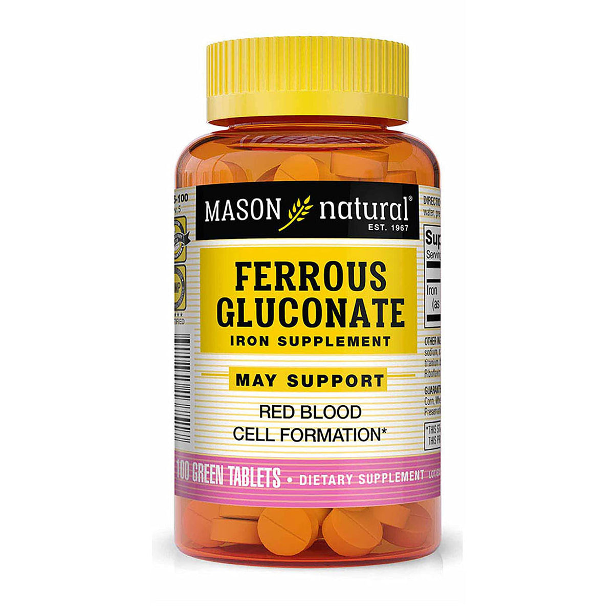 Mason Natural Ferreux Gluconate – bouteille et comprimés faciles à avaler pour soutien quotidien.