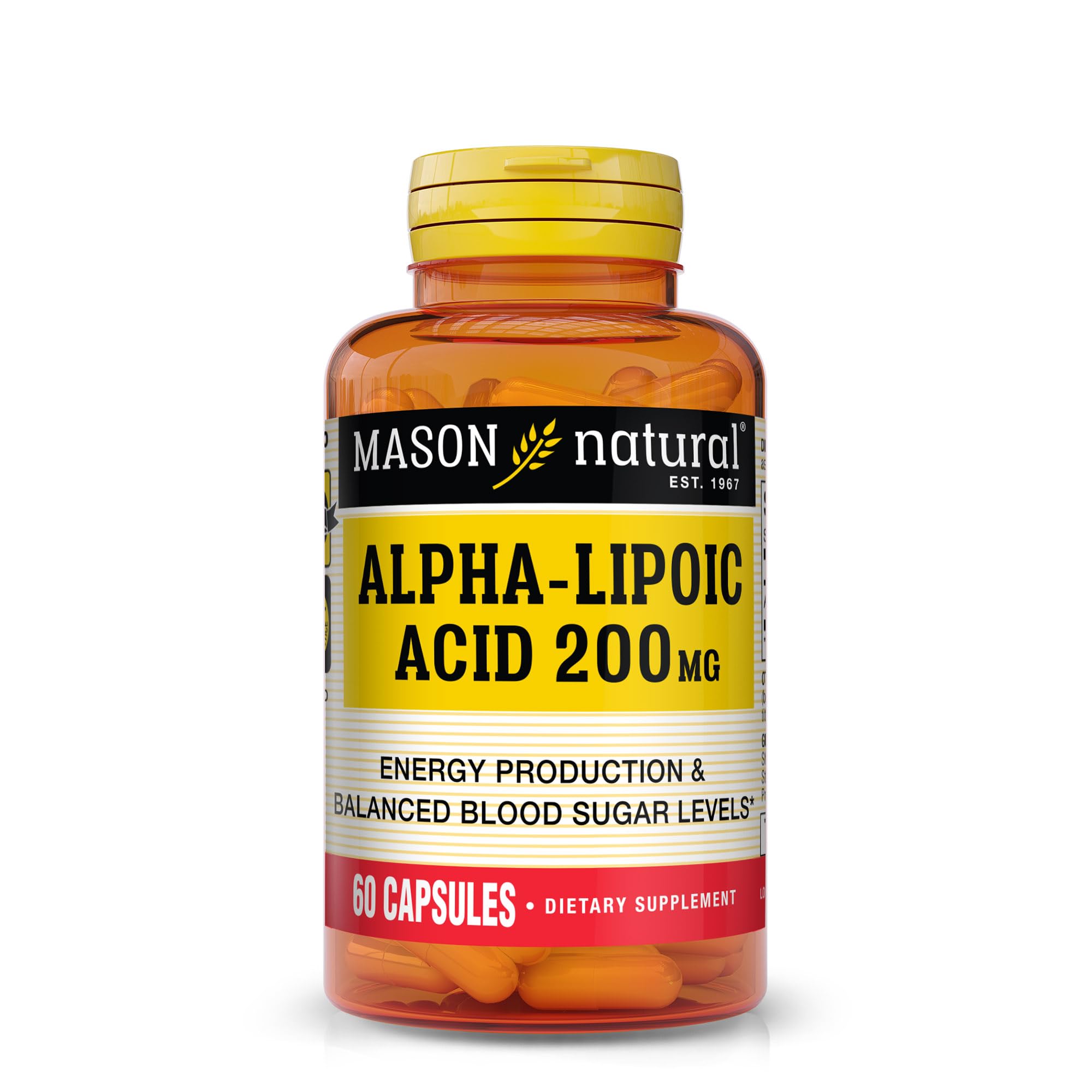 Gélules alpha-lipoïque Mason Natural 200 mg sur fond blanc, énergie potentielle au quotidien