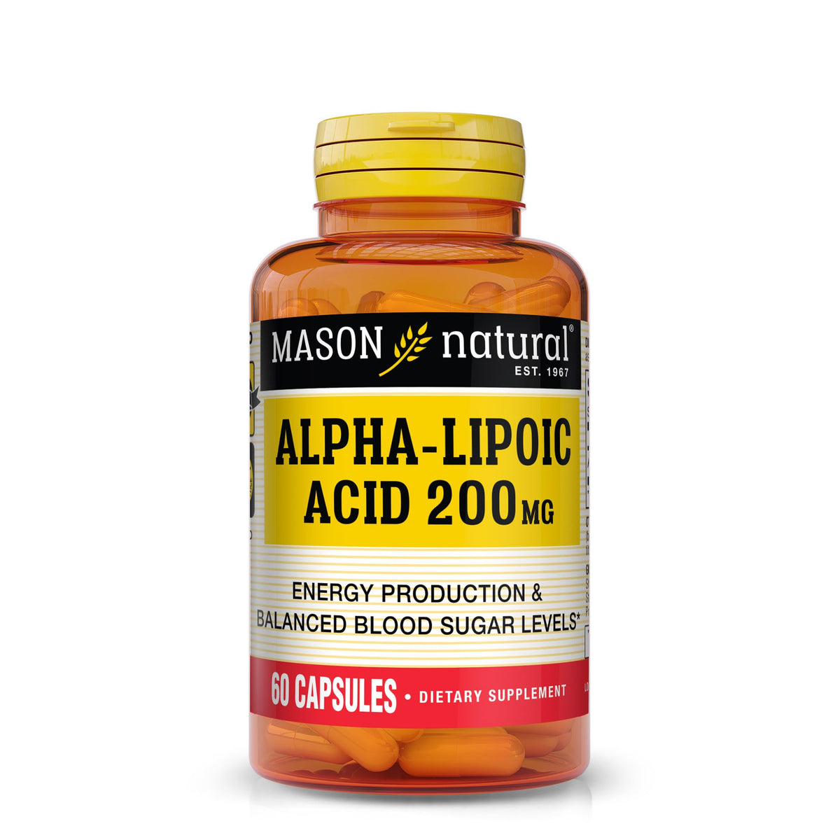 Gélules alpha-lipoïque Mason Natural 200 mg sur fond blanc, énergie potentielle au quotidien