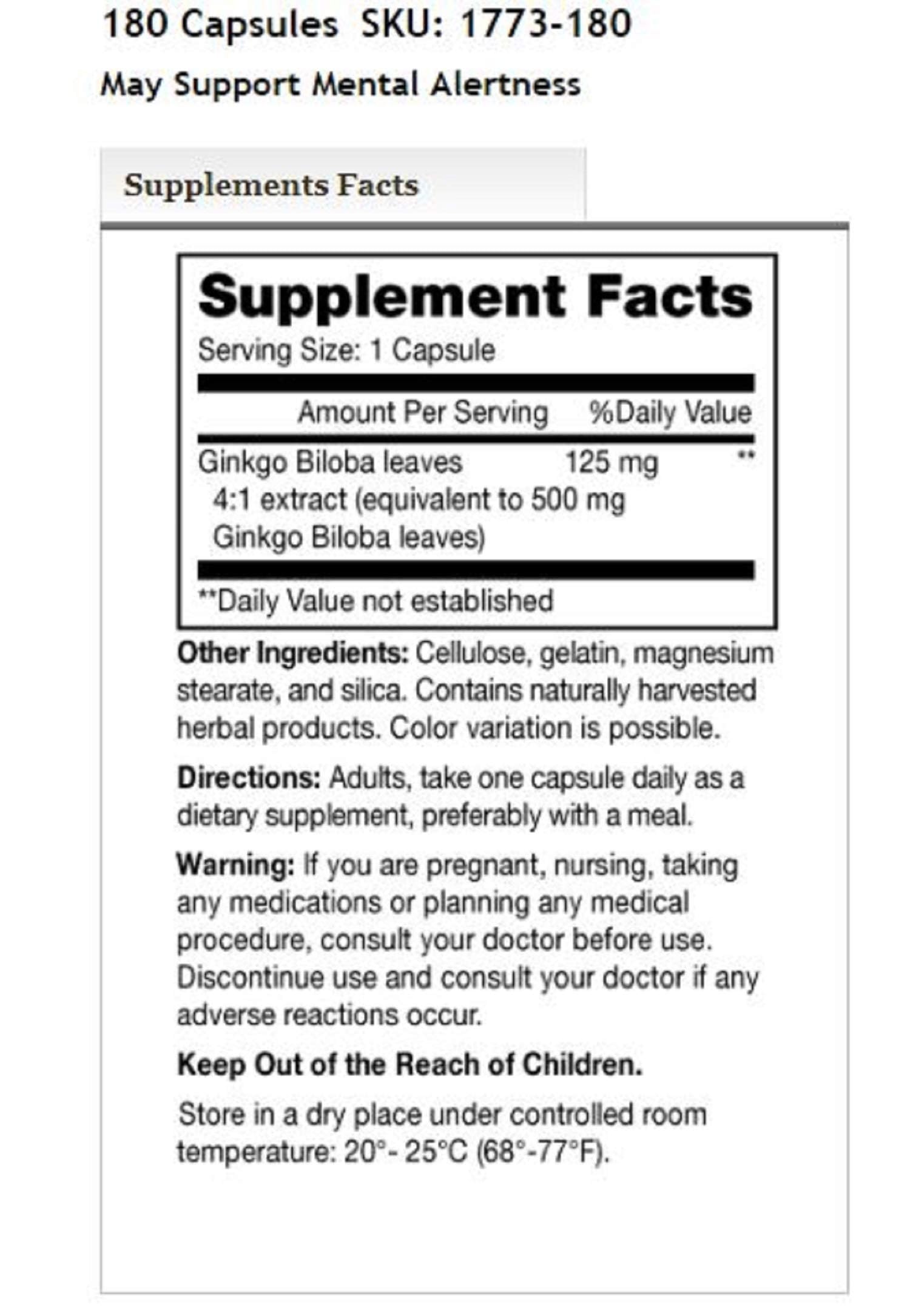 Gélules Mason Natural Ginkgo Biloba 180 par bouteille, prise quotidienne pratique.