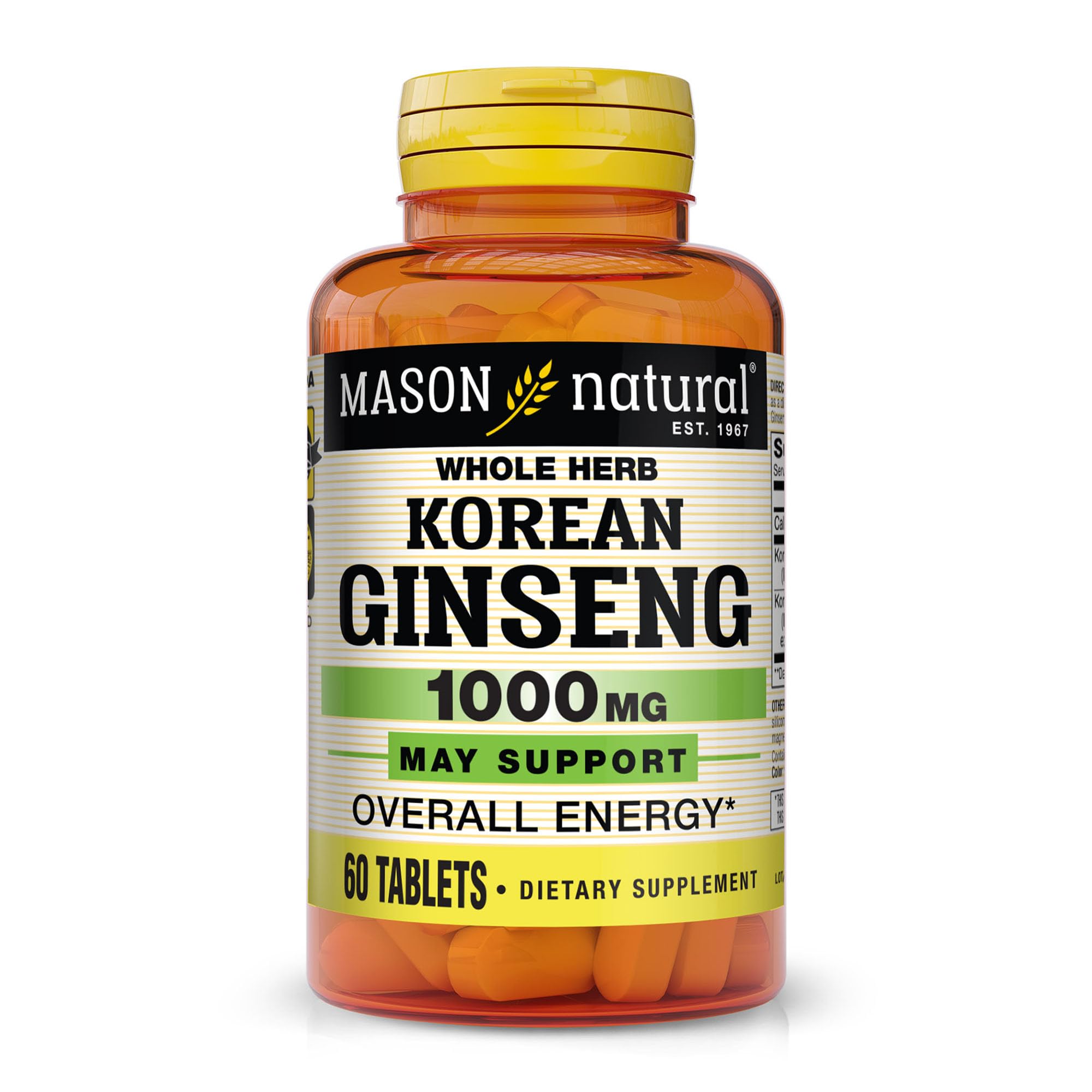 Ginseng coréen Mason Natural, boîte du produit, énergie potentielle et vitalité.