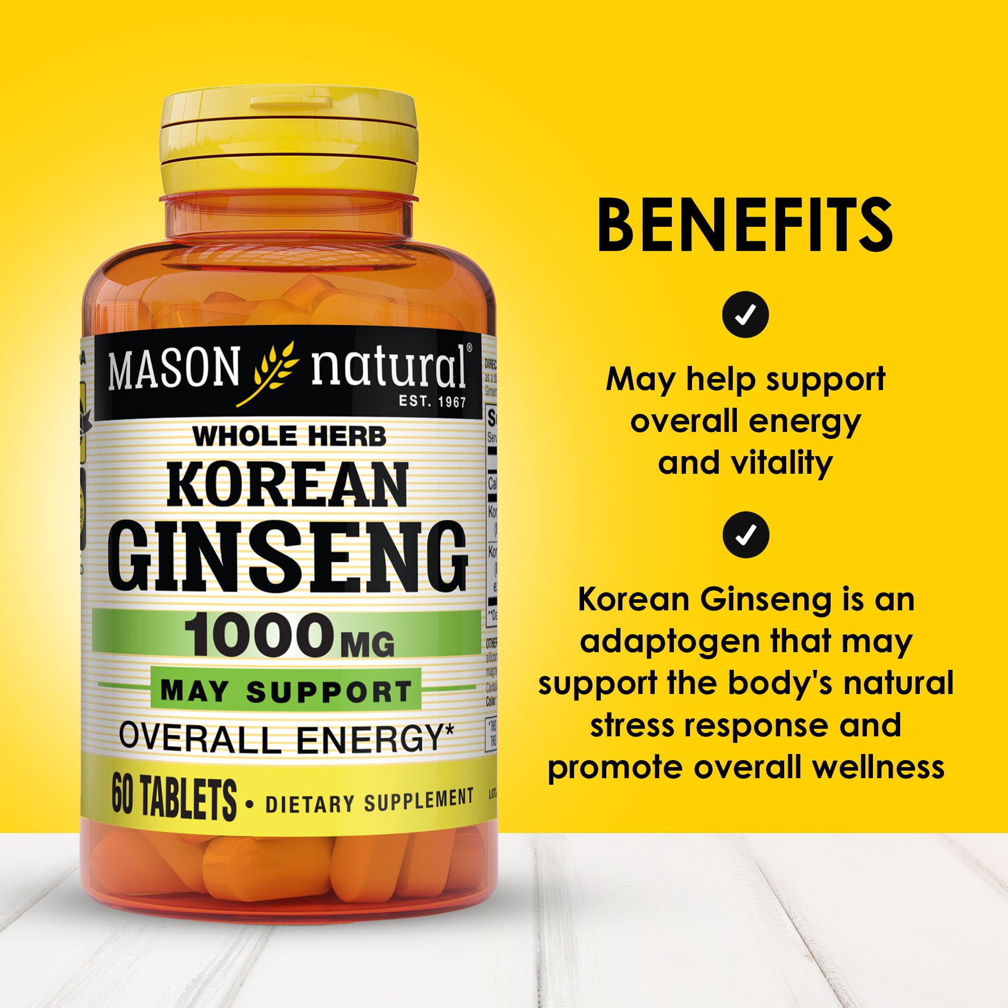 Ginseng coréen Mason Natural, tablettes, soutien potentiel à l'endurance.