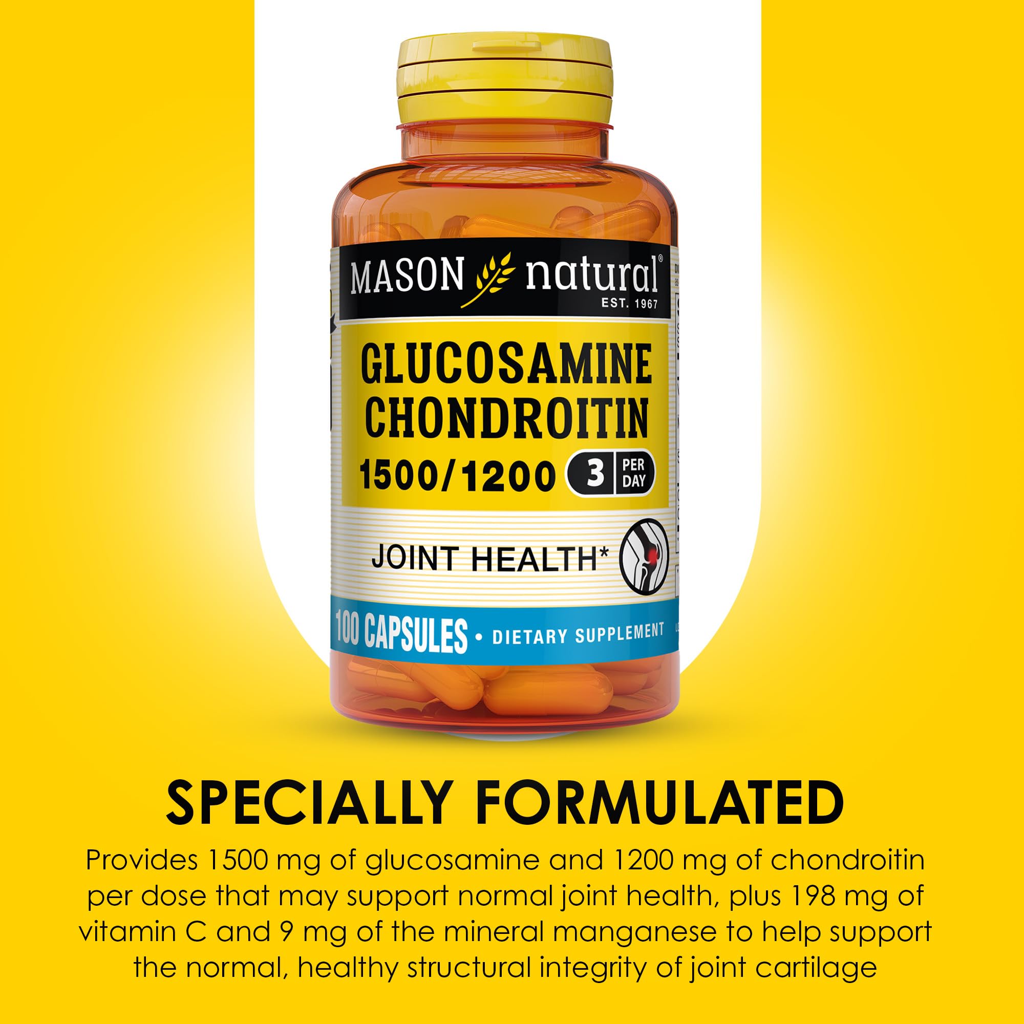 Dose quotidienne recommandée Mason Natural Glucosamine-Chondroitine 1500/1200 en trois capsules.