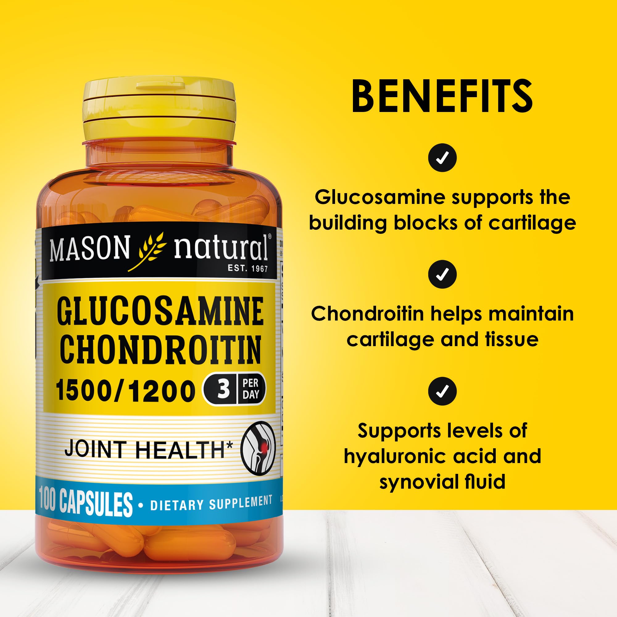 Étiquette Mason Natural Glucosamine-Chondroitine 1500/1200 avec doses indiquées et bénéfices potentiels.