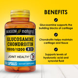 Étiquette Mason Natural Glucosamine-Chondroitine 1500/1200 avec doses indiquées et bénéfices potentiels.
