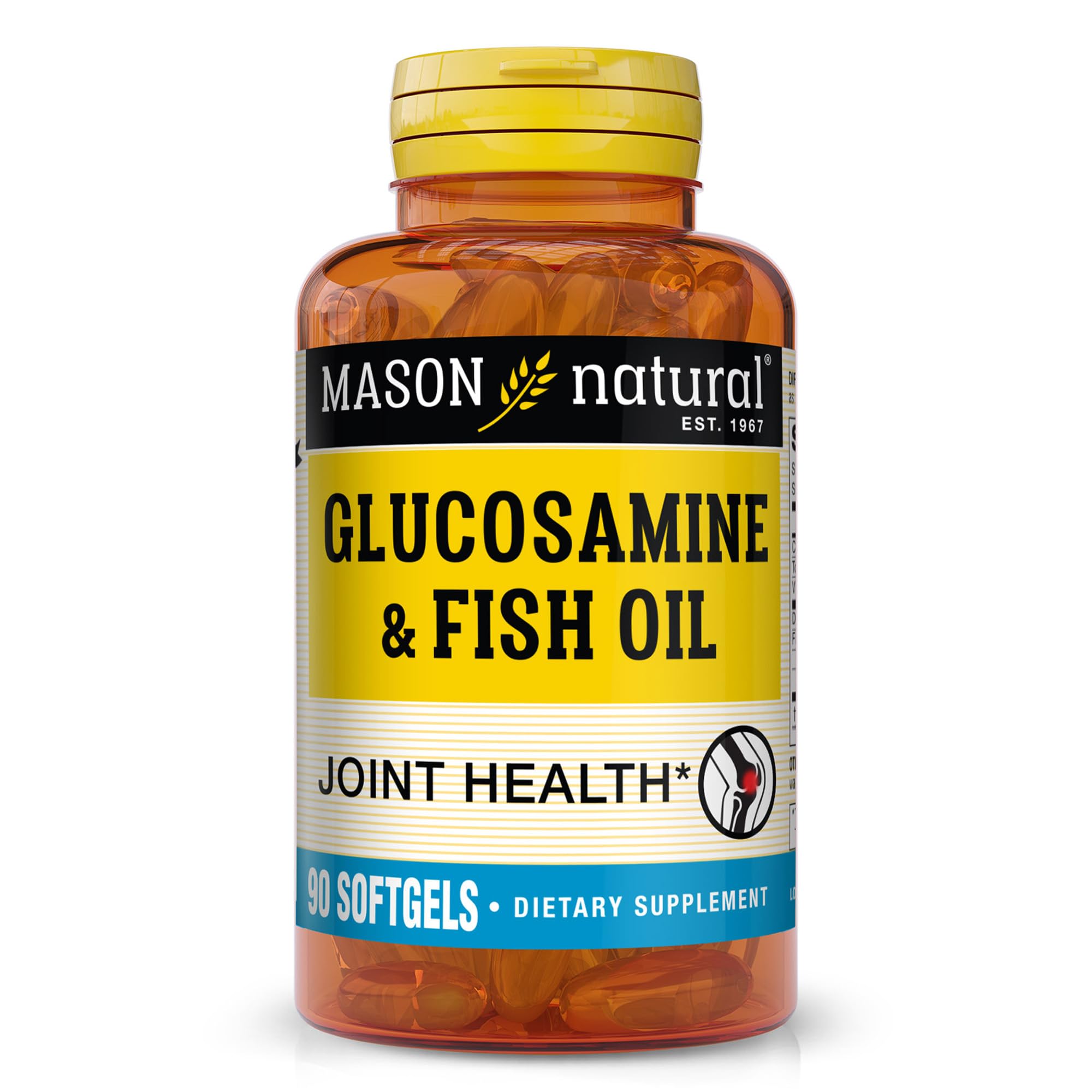 Mason Natural glucosamine et huile de poisson dans une bouteille, soutien potentiel des articulations.
