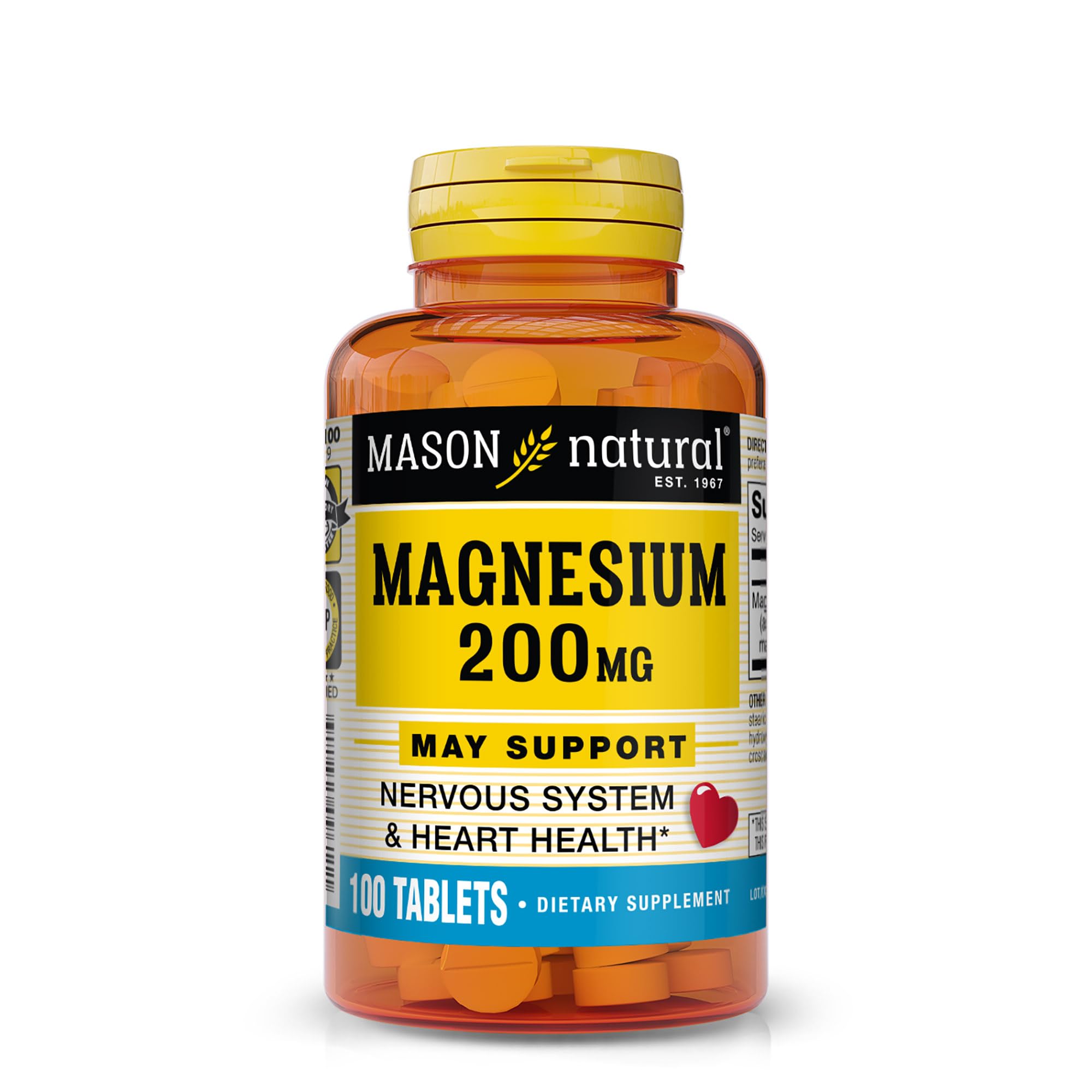 Mason Natural magnésium 200 mg : bouteille et tablettes pour le soutien musculaire.