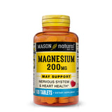 Mason Natural magnésium 200 mg : bouteille et tablettes pour le soutien musculaire.