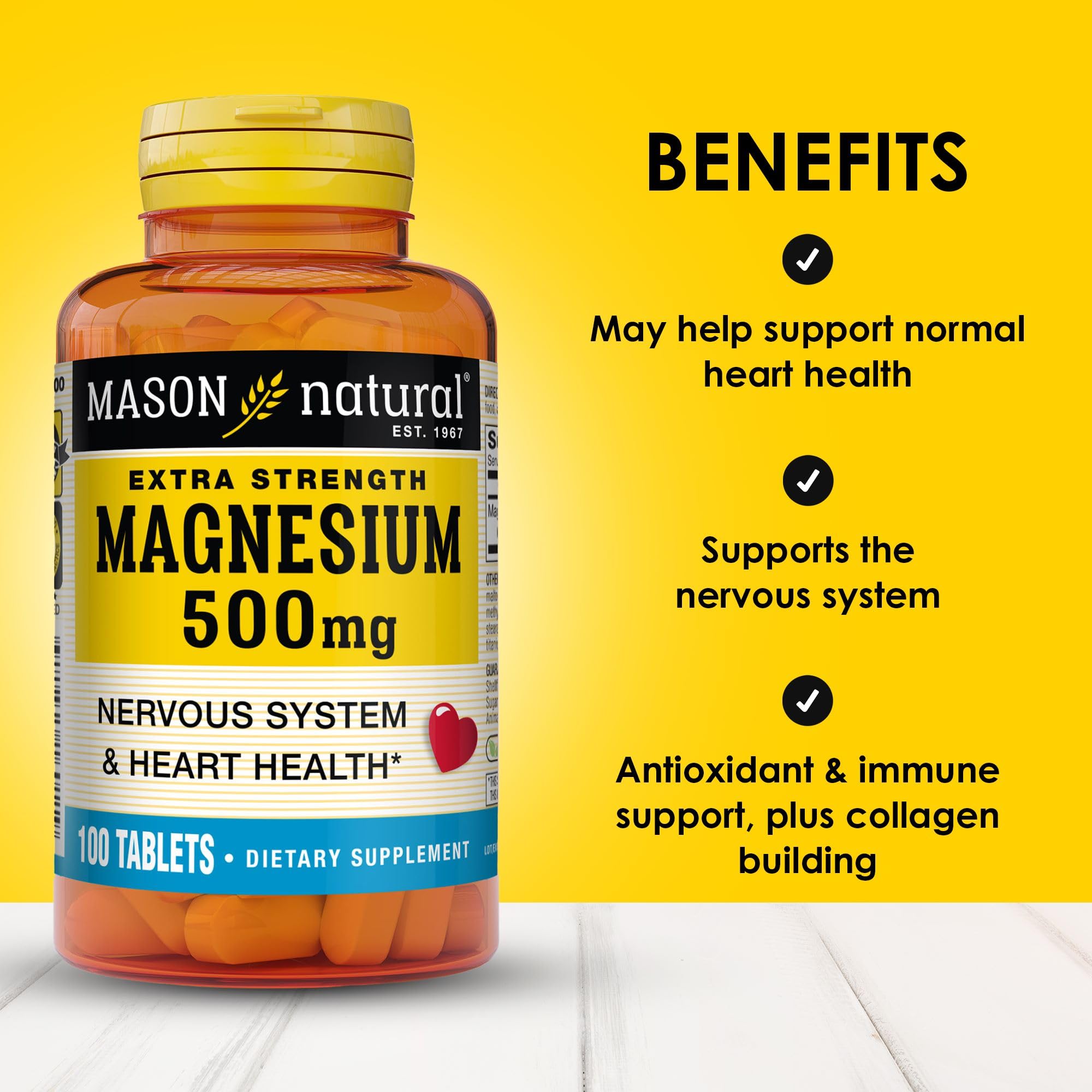 Gélules Mason Natural Magnesium 500 mg, dosage quotidien simple et soutien potentiel du cœur.