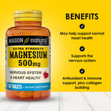 Gélules Mason Natural Magnesium 500 mg, dosage quotidien simple et soutien potentiel du cœur.
