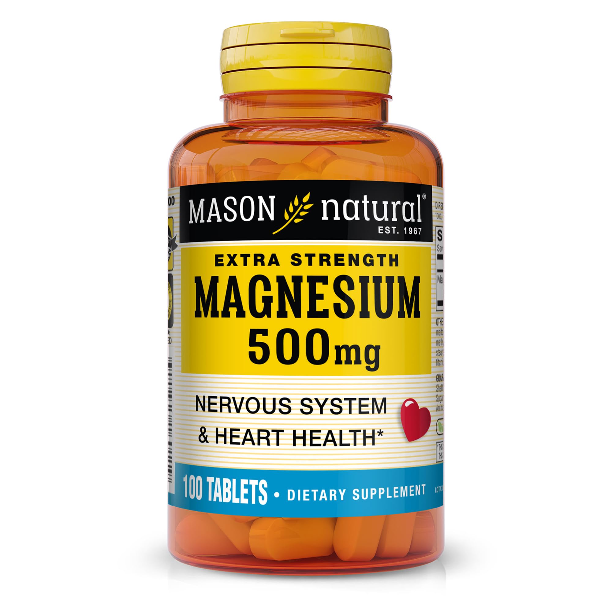 Mason Natural Magnésium 500 mg : bouteille de comprimés pratique pour l'usage quotidien.