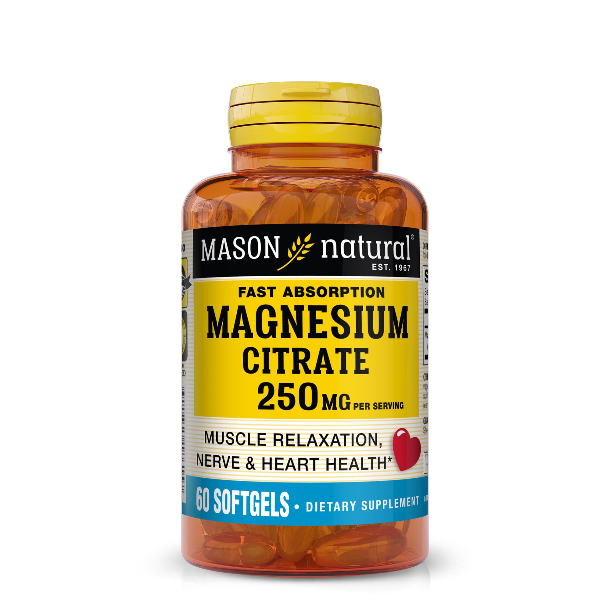 Mason Natural Magnésium Citrate 250 mg – bouteille avec gélules pour soutien musculaire