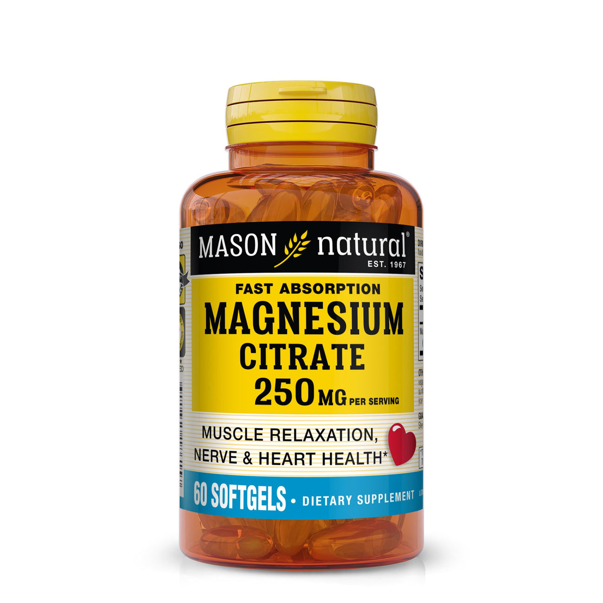 Mason Natural Magnésium Citrate 250 mg – bouteille avec gélules pour soutien musculaire