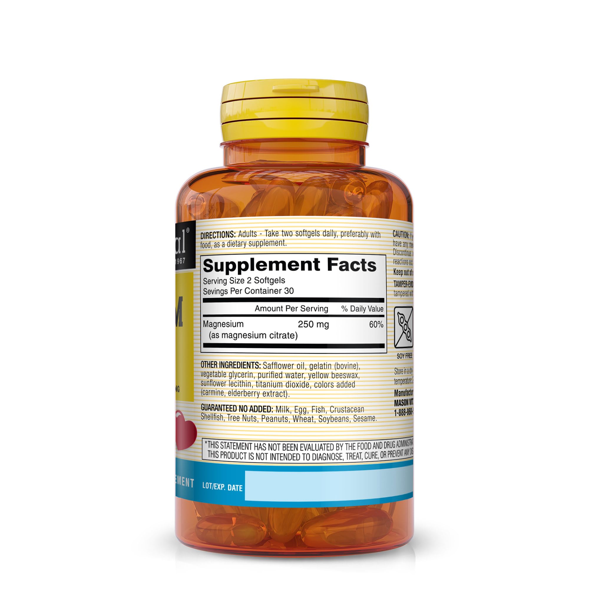 Mason Natural Magnésium Citrate 250 mg – étiquette claire et informatrice