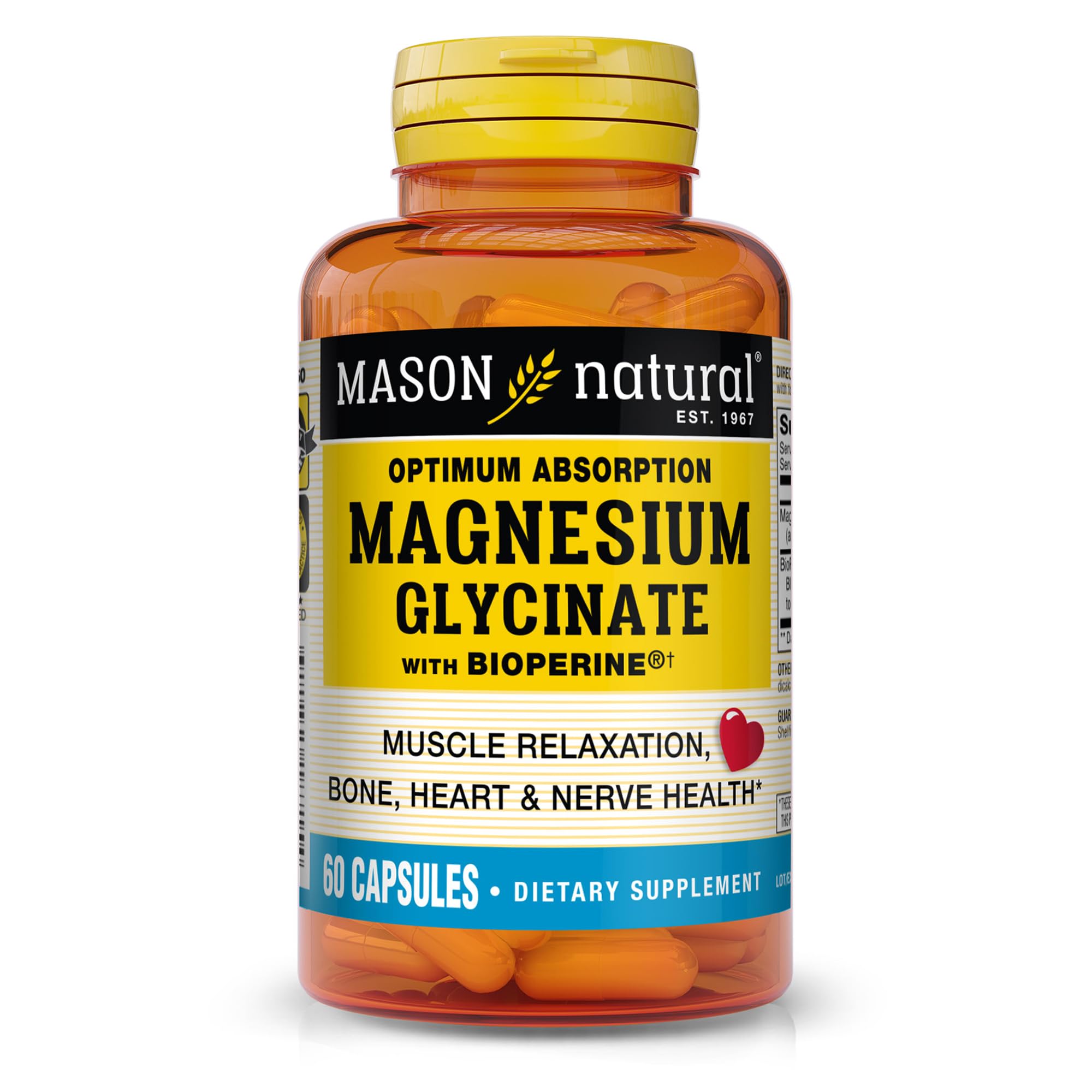 Mason Natural magnésium glycinate, bouteille, absorption optimale possible avec Bioperine.