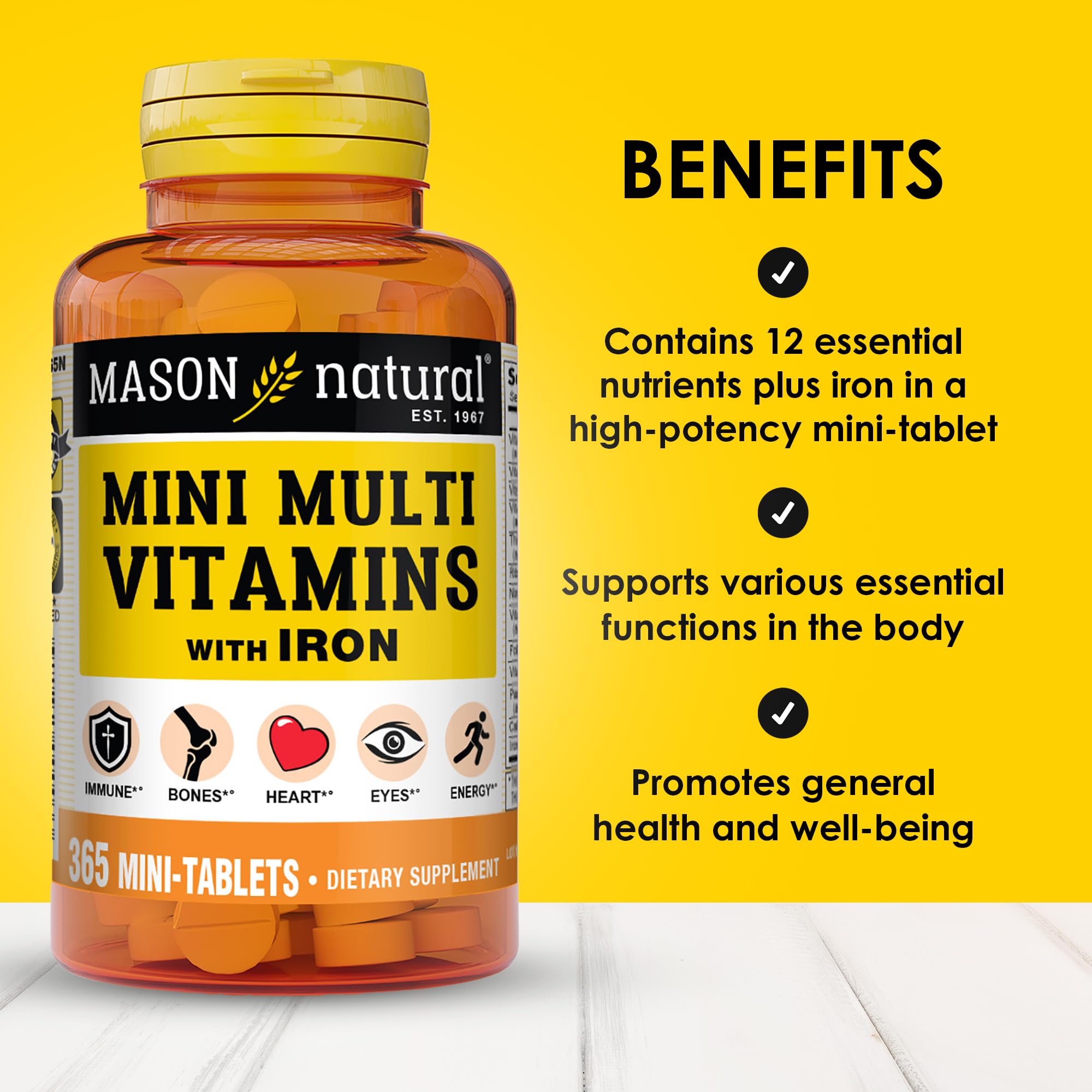 MASON NATURAL Mini Multivitamines avec fer — bouteille en flacon, prise pratique au quotidien.