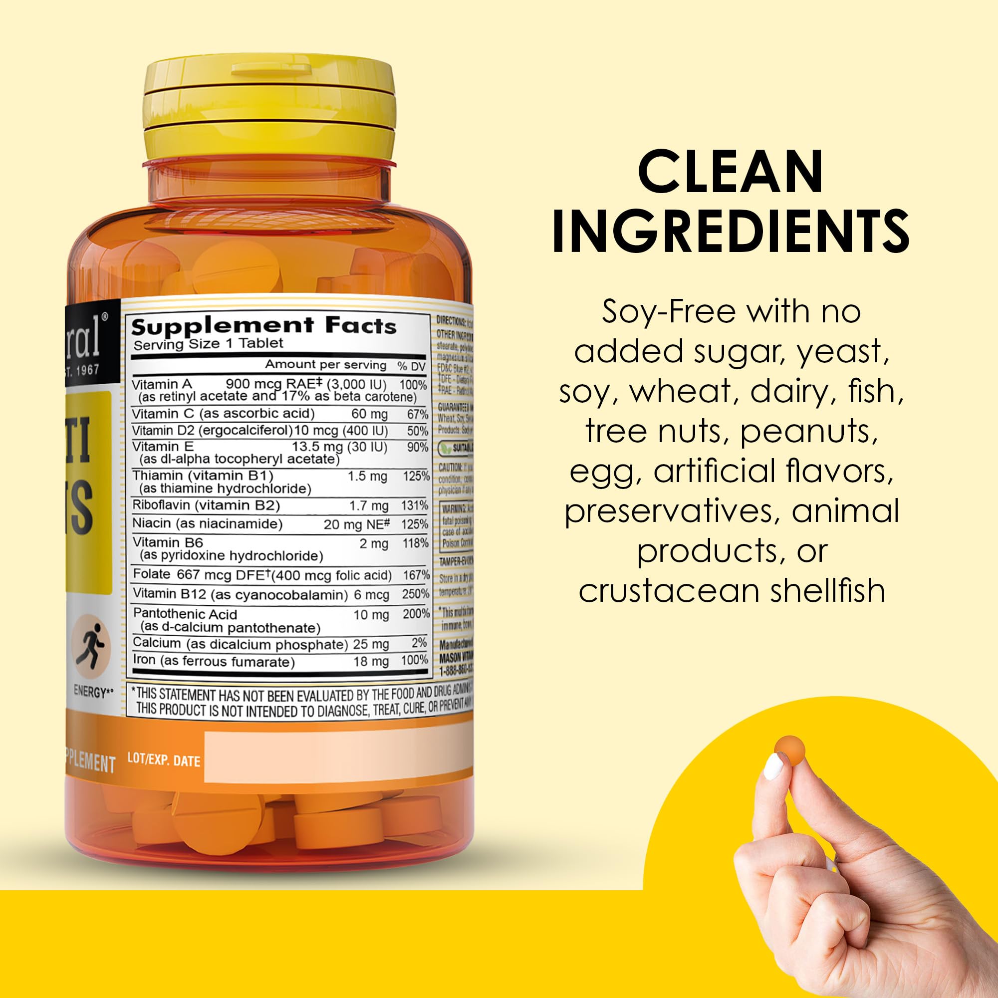 MASON NATURAL Mini Multivitamines avec fer — comprimés faciles à avaler, routine quotidienne simple.