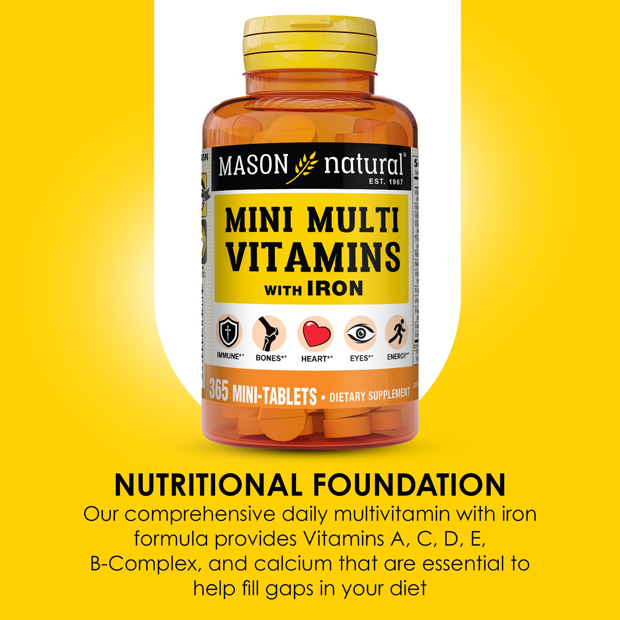 MASON NATURAL Mini Multivitamines avec fer — étiquette détaillée, informations claires sur les nutriments.