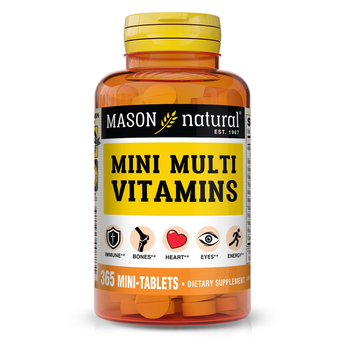 Mason Natural Mini Multivitamines, bouteille et étiquette visibles, soutien nutritionnel quotidien.