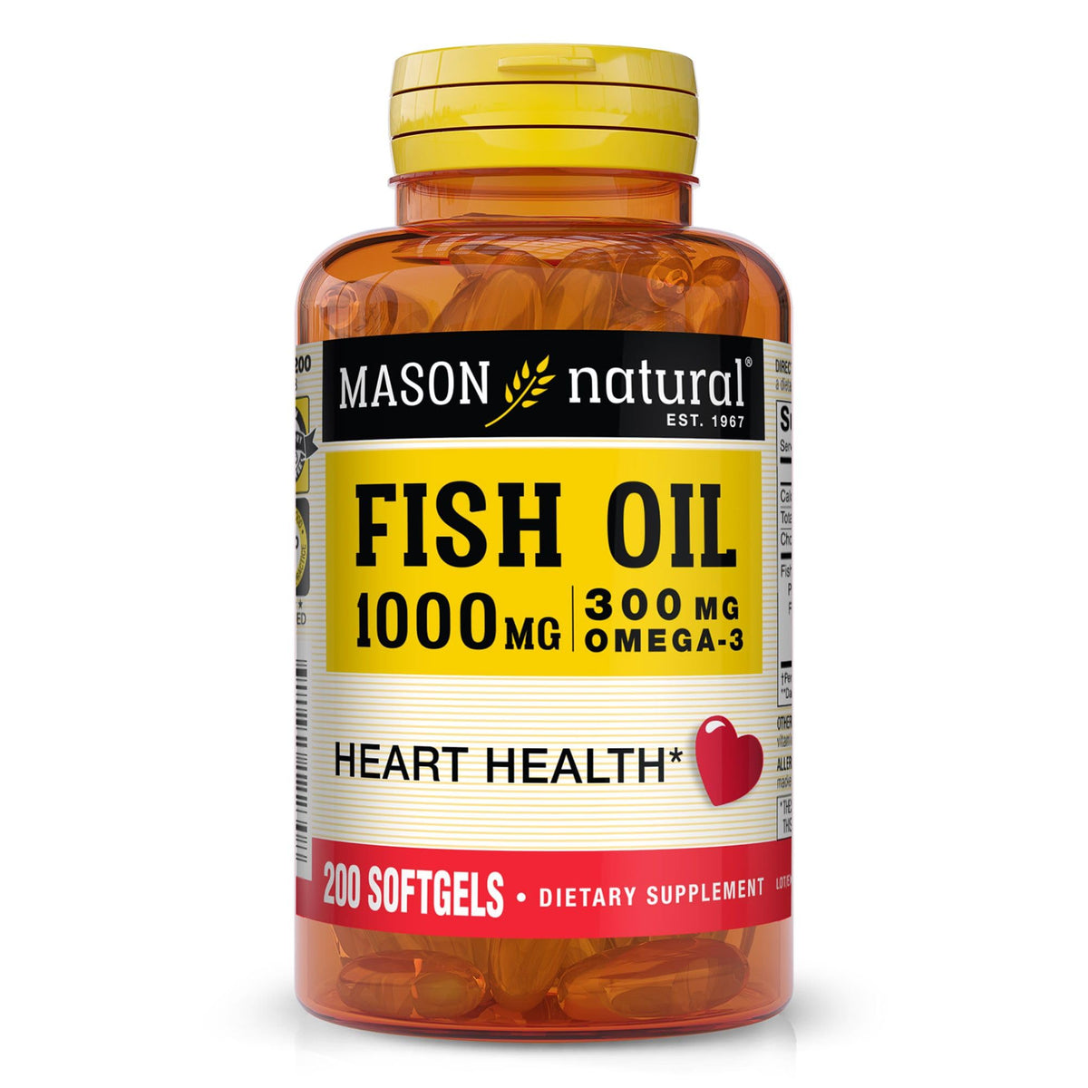 Bouteille Mason Natural Omega-3 avec gélules faciles à avaler pour usage quotidien.